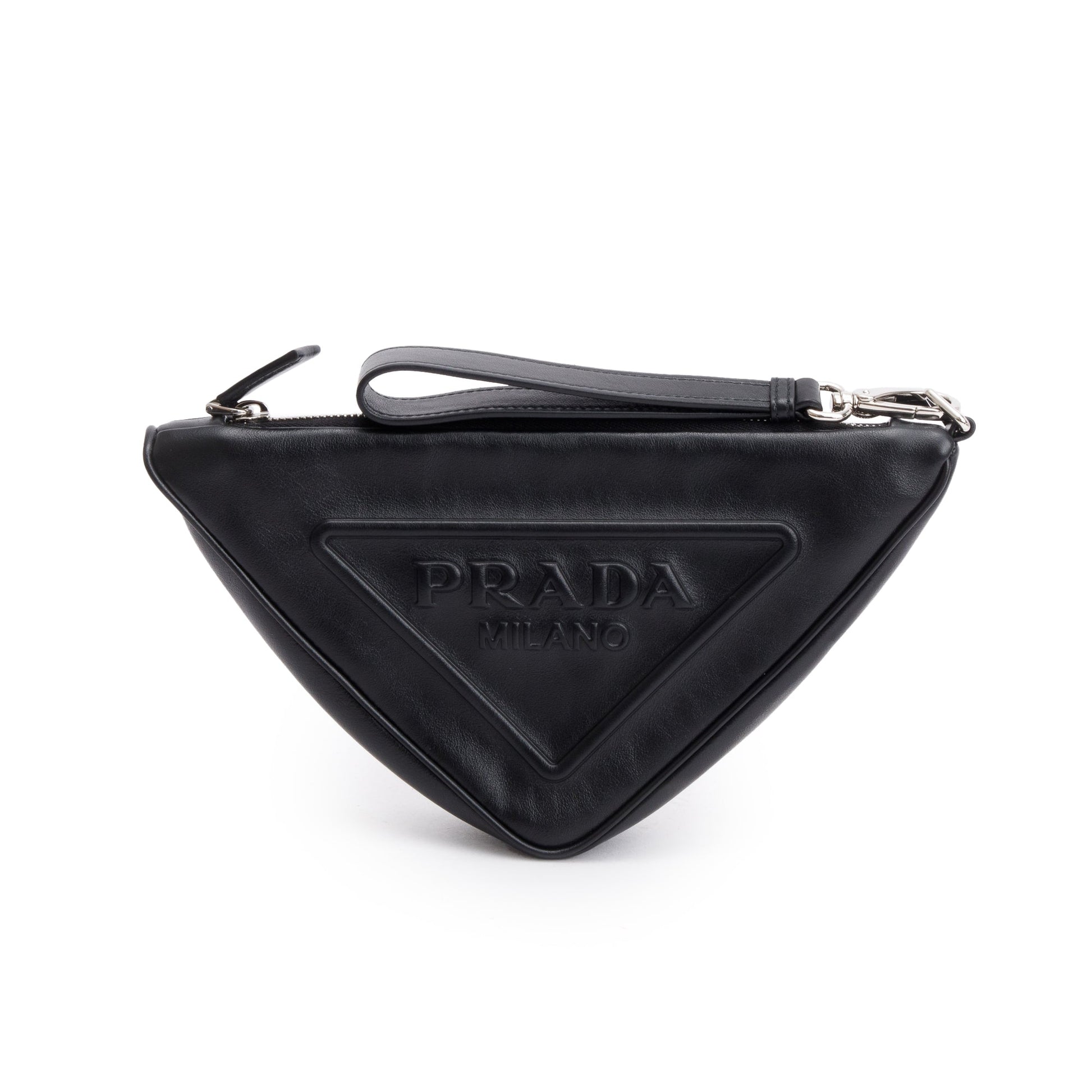 Prada Black Grace Lux Leather Triangle Wristlet Clutch