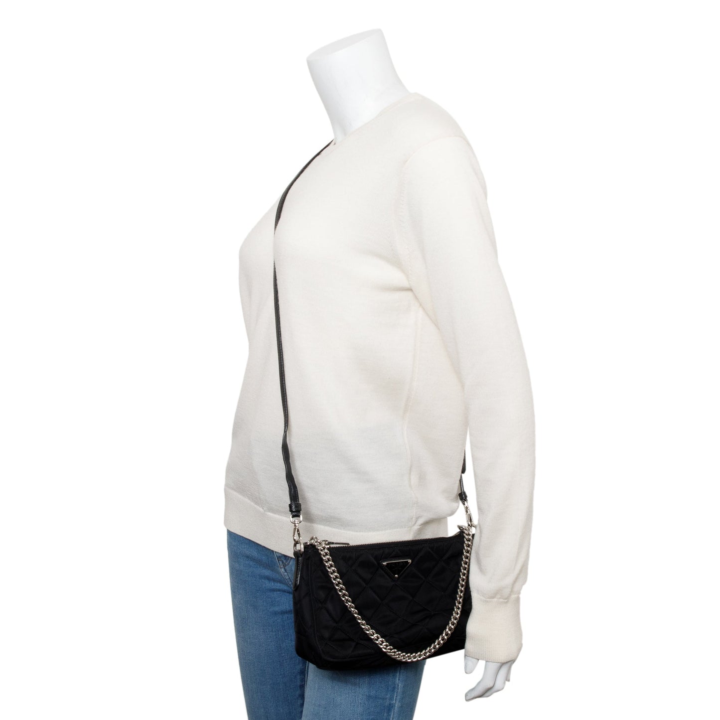 Prada Black Quilted Tessuto Impuntu Chain Crossbody Bag