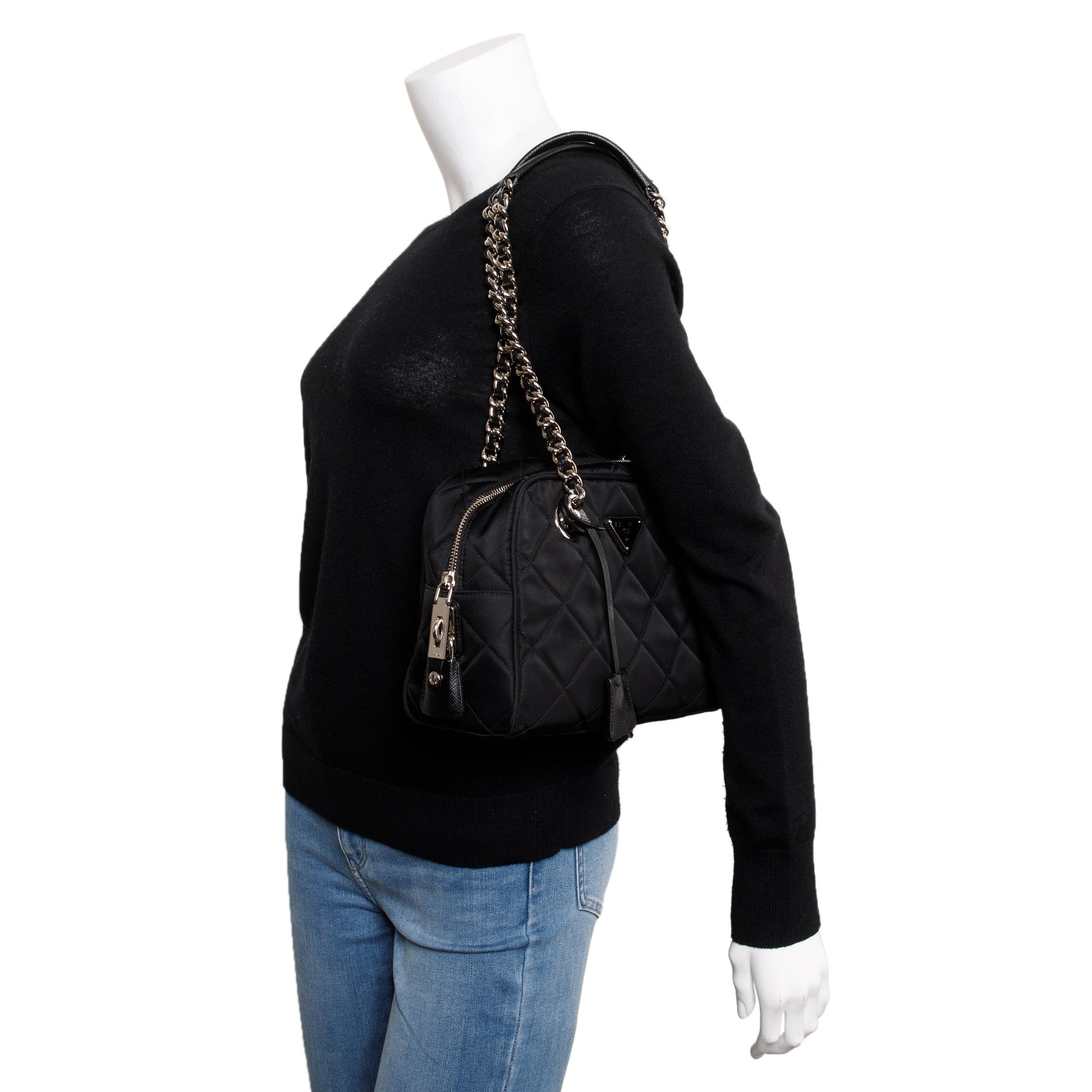 Prada Black Quilted Tessuto Impuntu Chain Shoulder Bag