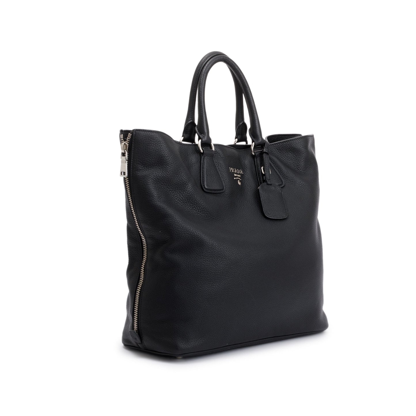 Prada Black Vitello Daino Leather Side Zip Shopping Tote