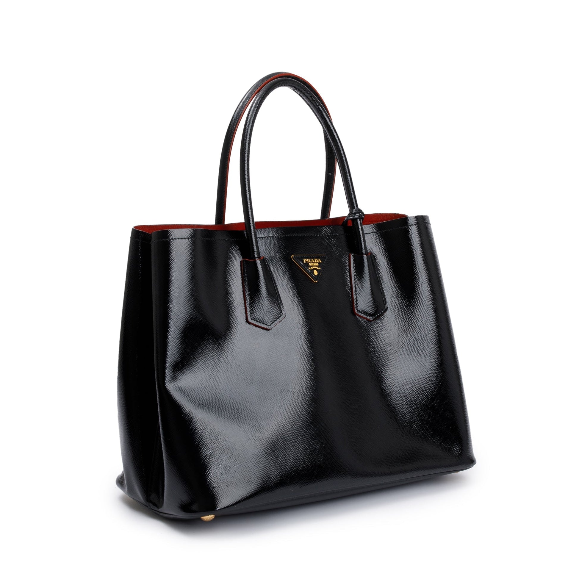 Prada Black/Red Saffiano Vernice Shiny Medium Cuir Double Tote