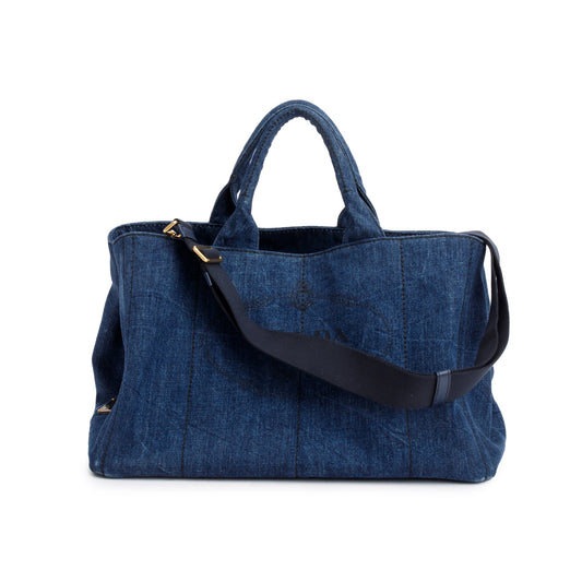 Prada Blue Denim Logo Canapa Large Tote