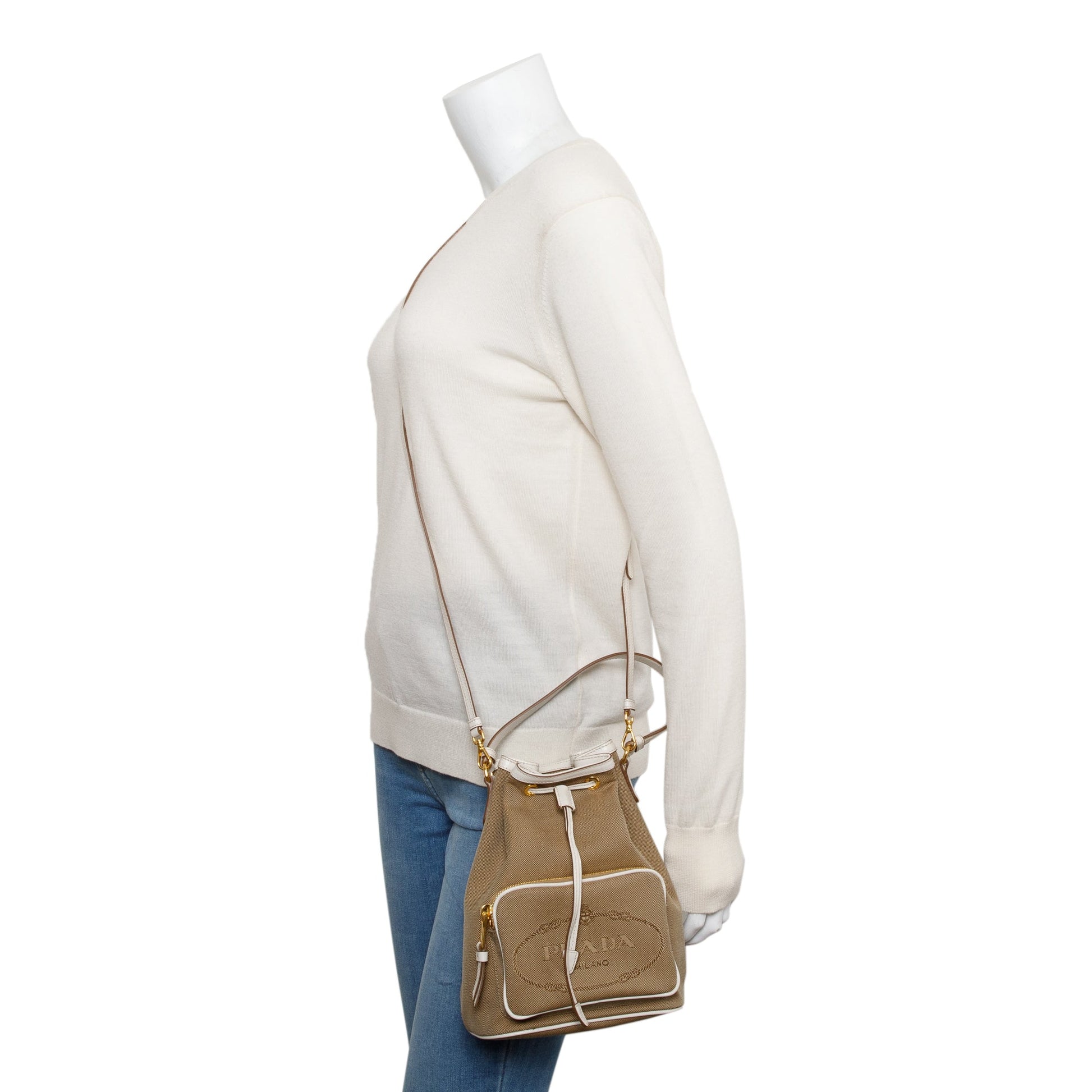 Prada Brown Logo Jacquard Bucket Bag
