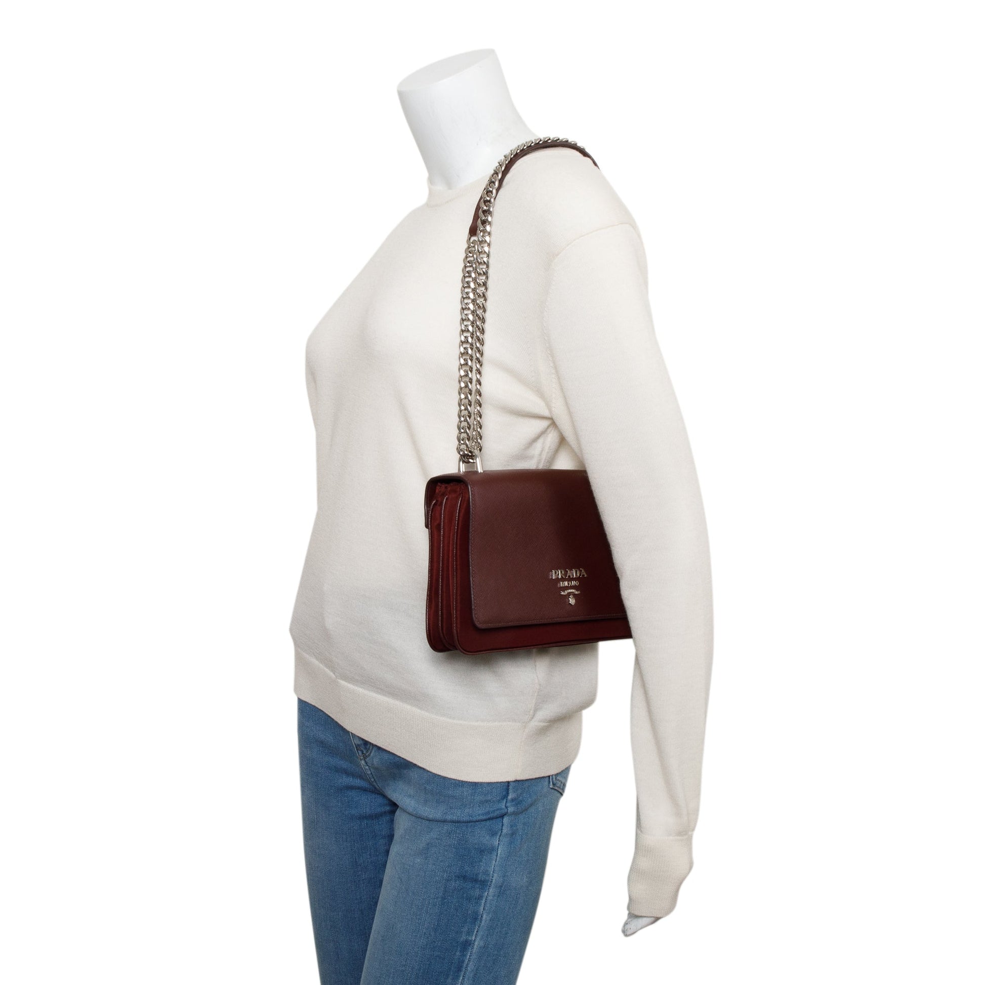 Prada Burgundy Tessuto Saffiano Leather Flap Shoulder Bag