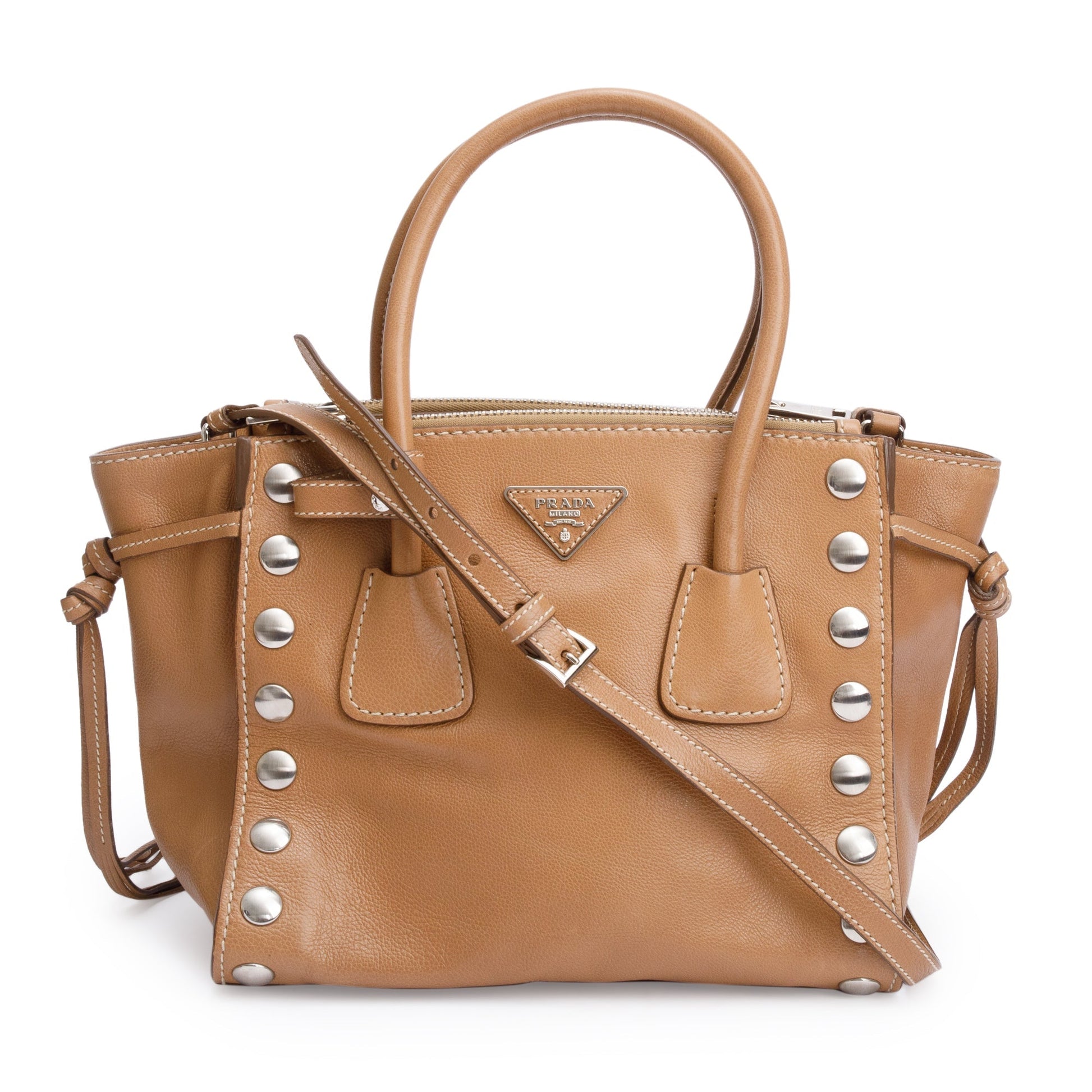 Prada Caramel Glace Calf Studded Twin Pocket Tote
