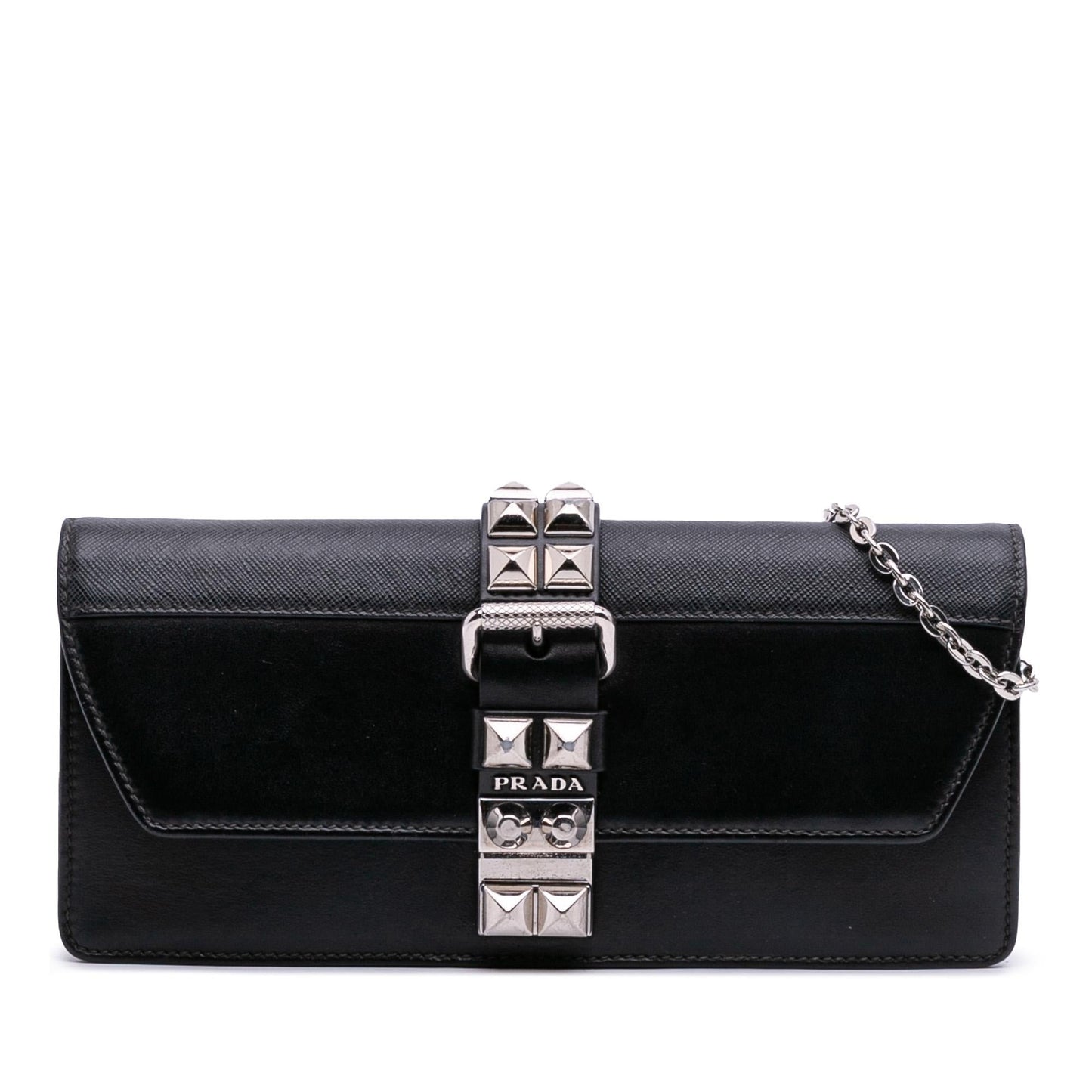 Prada City Calfskin and Saffiano Studded Elektra Clutch with Chain