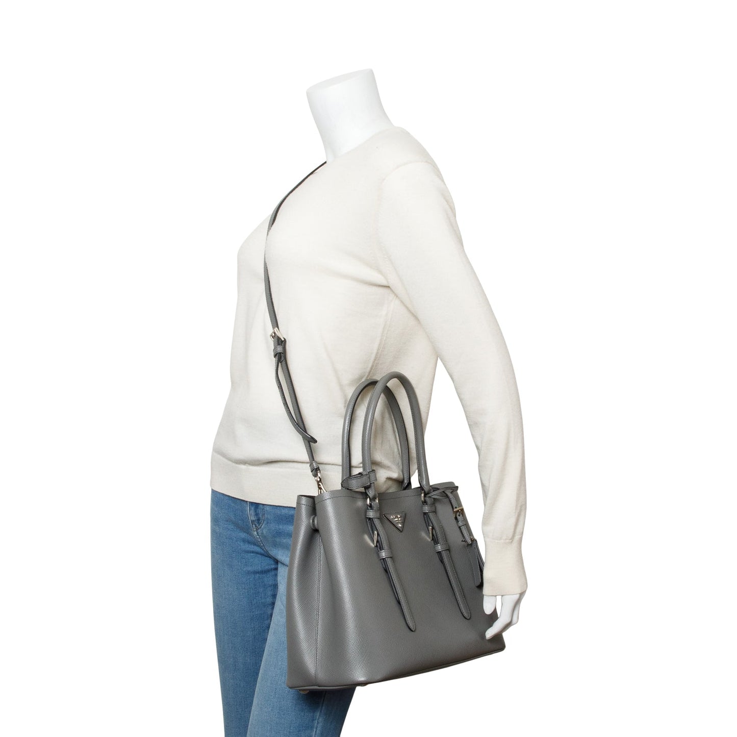 Prada Grey Saffiano Lux Medium Cuir Double Tote