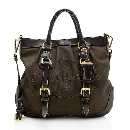 Prada Jacquard Leather Logo Pleated Tote ( )