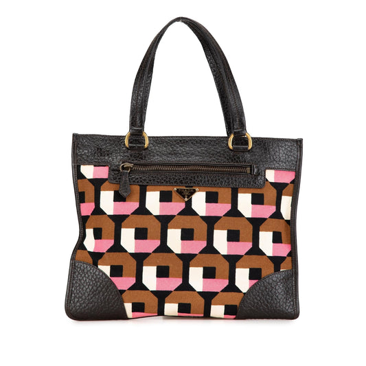 Prada Leather Trimmed Printed Canvas Tote
