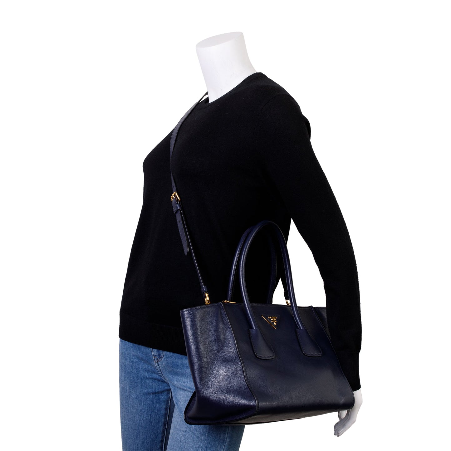 Prada Navy City Calf Small Twin Pocket Tote