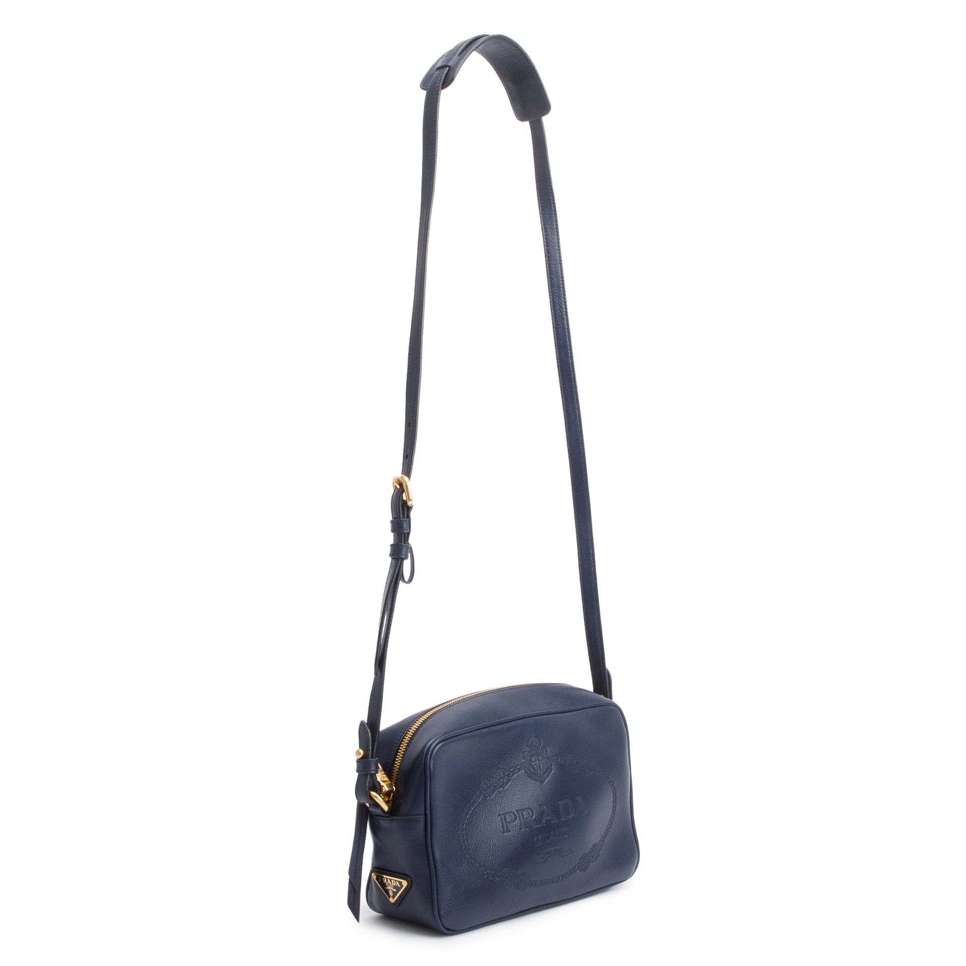Prada Navy Glace Calf Leather Logo Camera Crossbody Bag