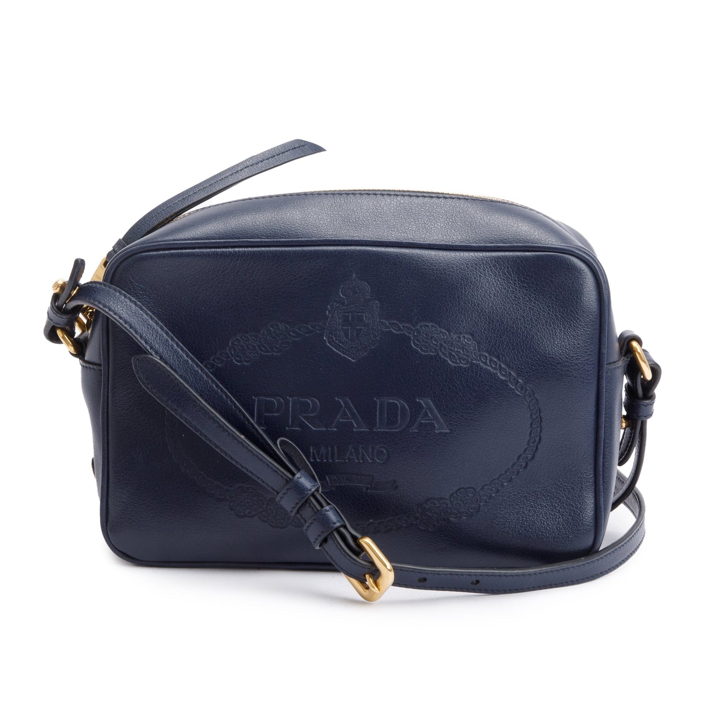 Prada Navy Glace Calf Leather Logo Camera Crossbody Bag