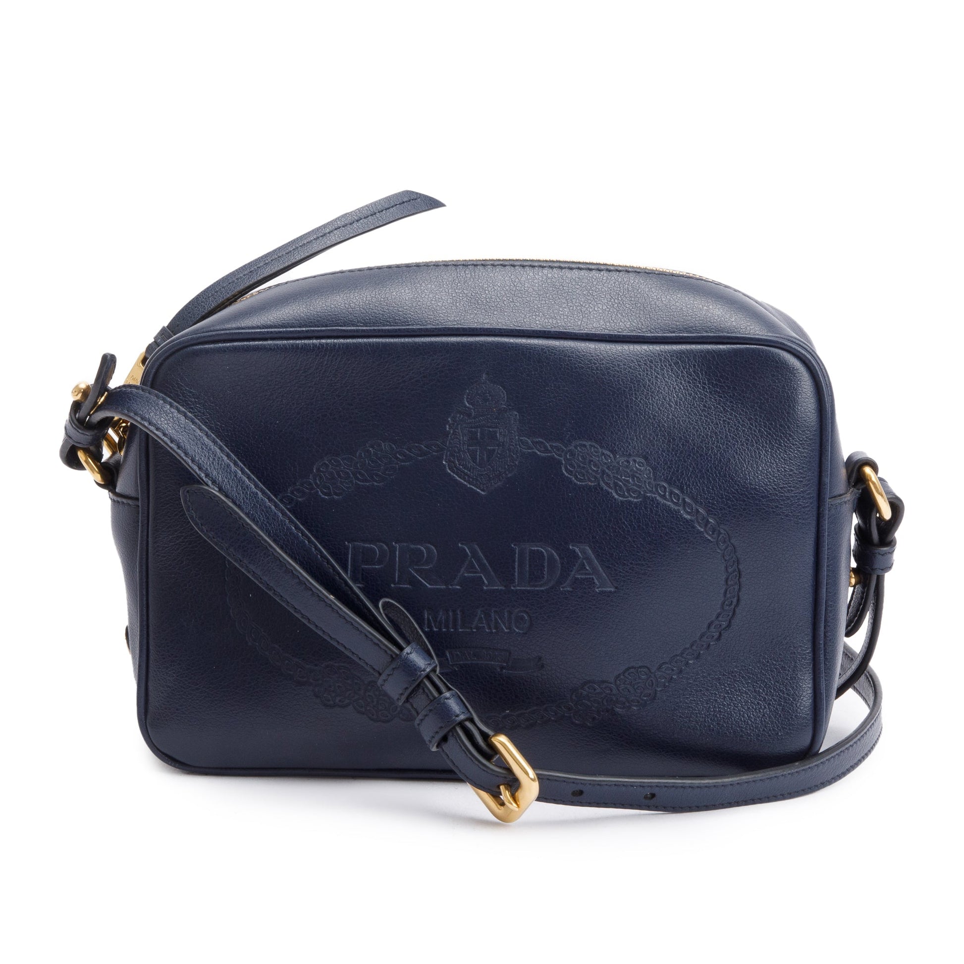 Prada Navy Glace Calf Leather Logo Camera Crossbody Bag