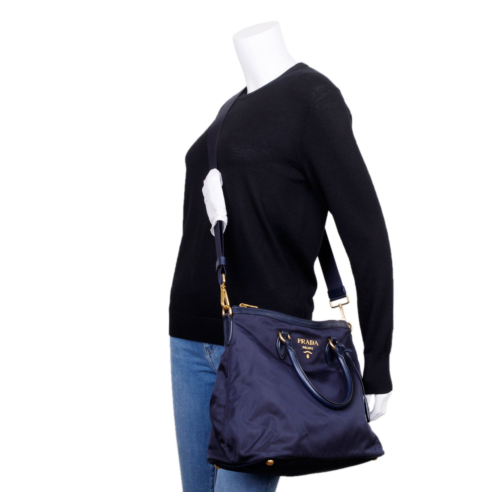 Prada Navy Leather Trimmed Tessuto Nylon Tote