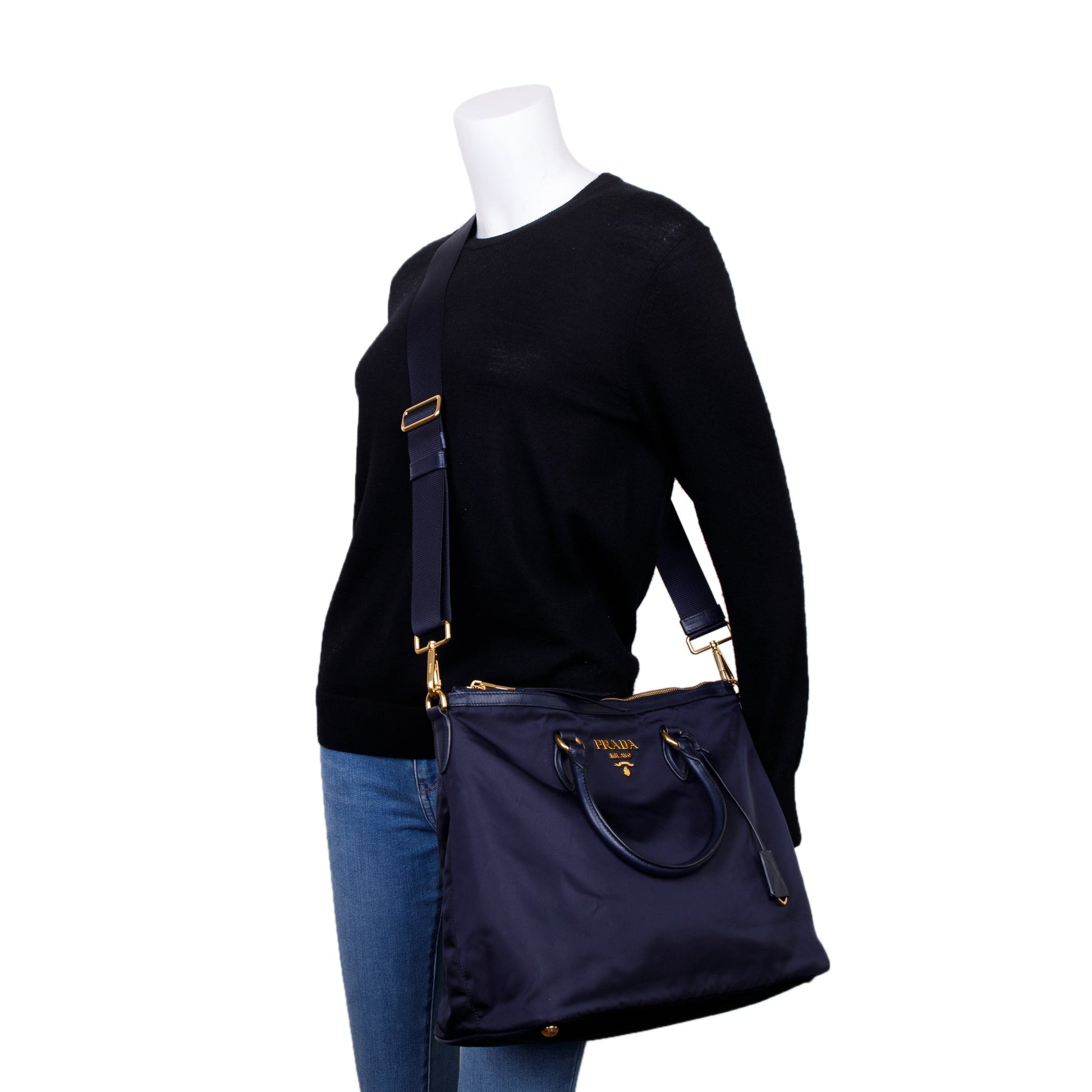 Prada Navy Leather Trimmed Tessuto Nylon Tote