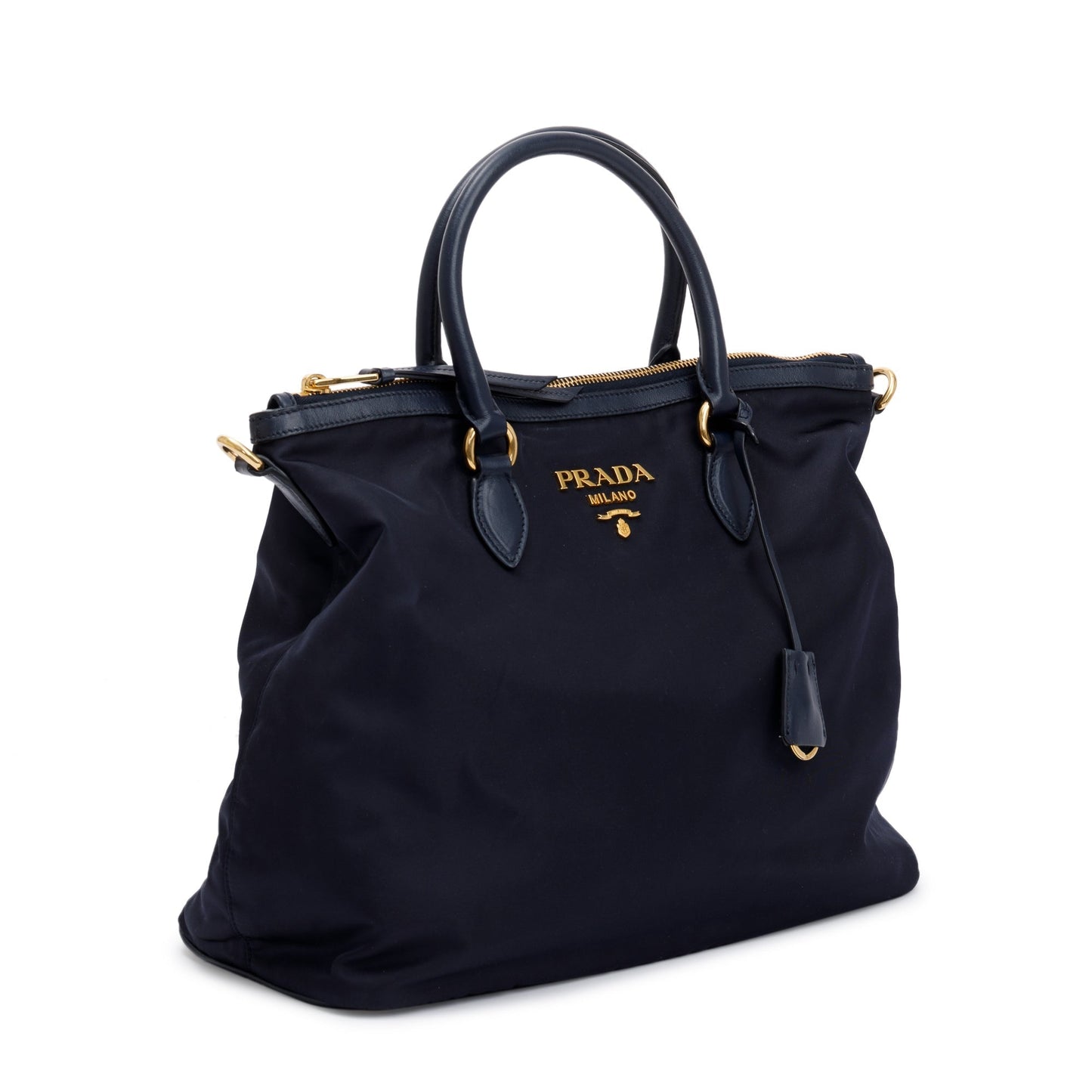 Prada Navy Leather Trimmed Tessuto Nylon Tote