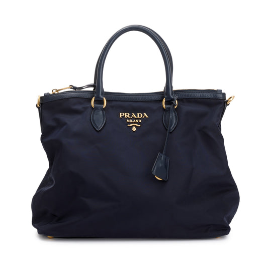 Prada Navy Leather Trimmed Tessuto Nylon Tote