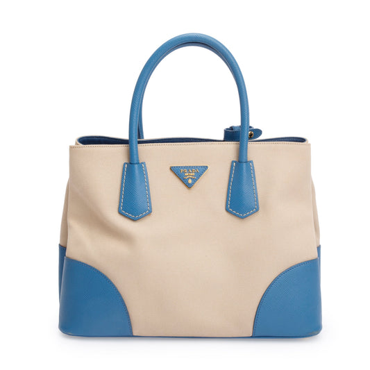 Prada Neutral Canvas Blue Saffiano Trim Medium Cuir Double Tote