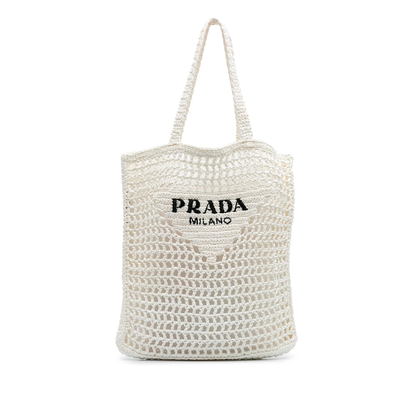 Prada Raffia Effect Crochet Logo Embroidered Tote