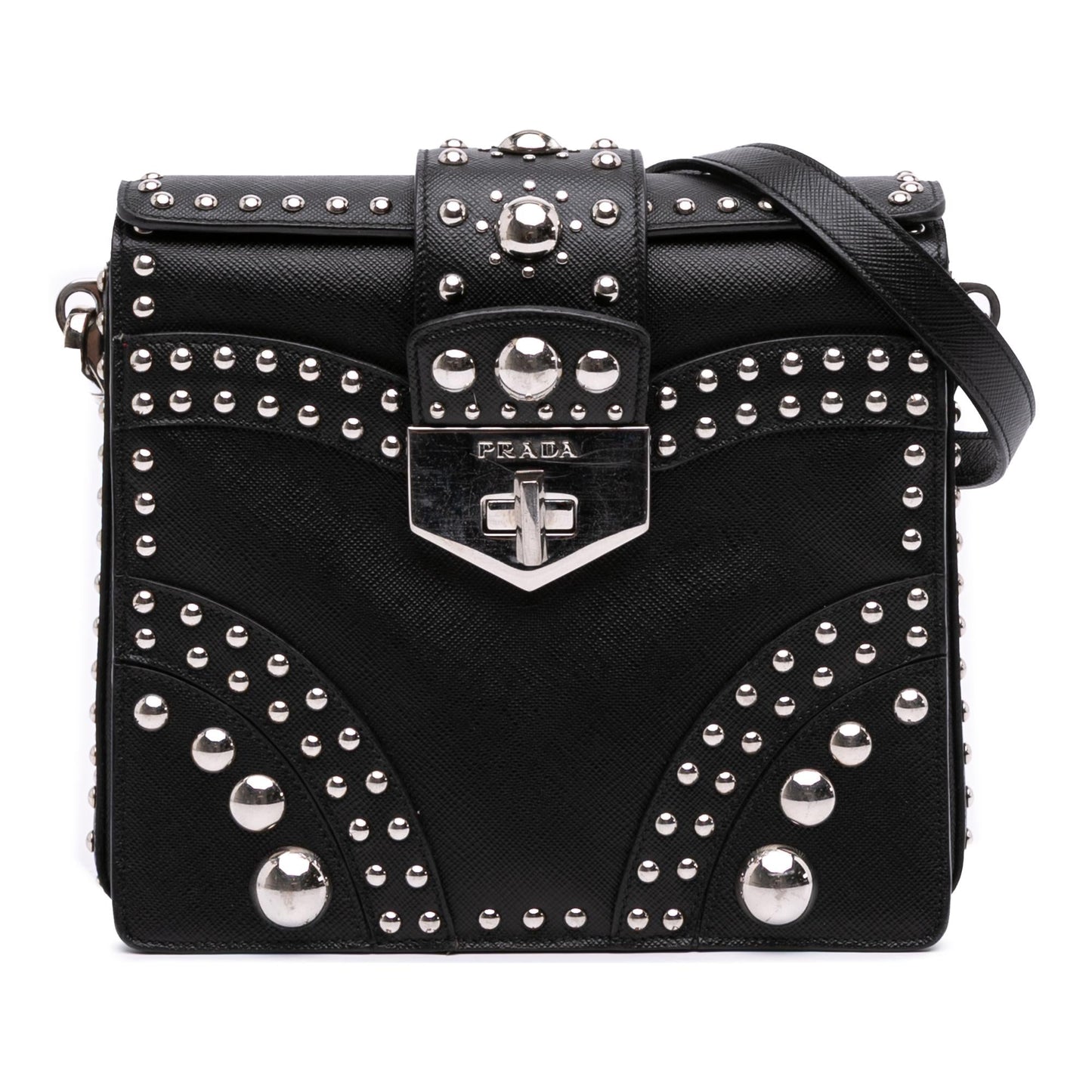 Prada Saffiano Studded Turn Lock Top Handle Bag