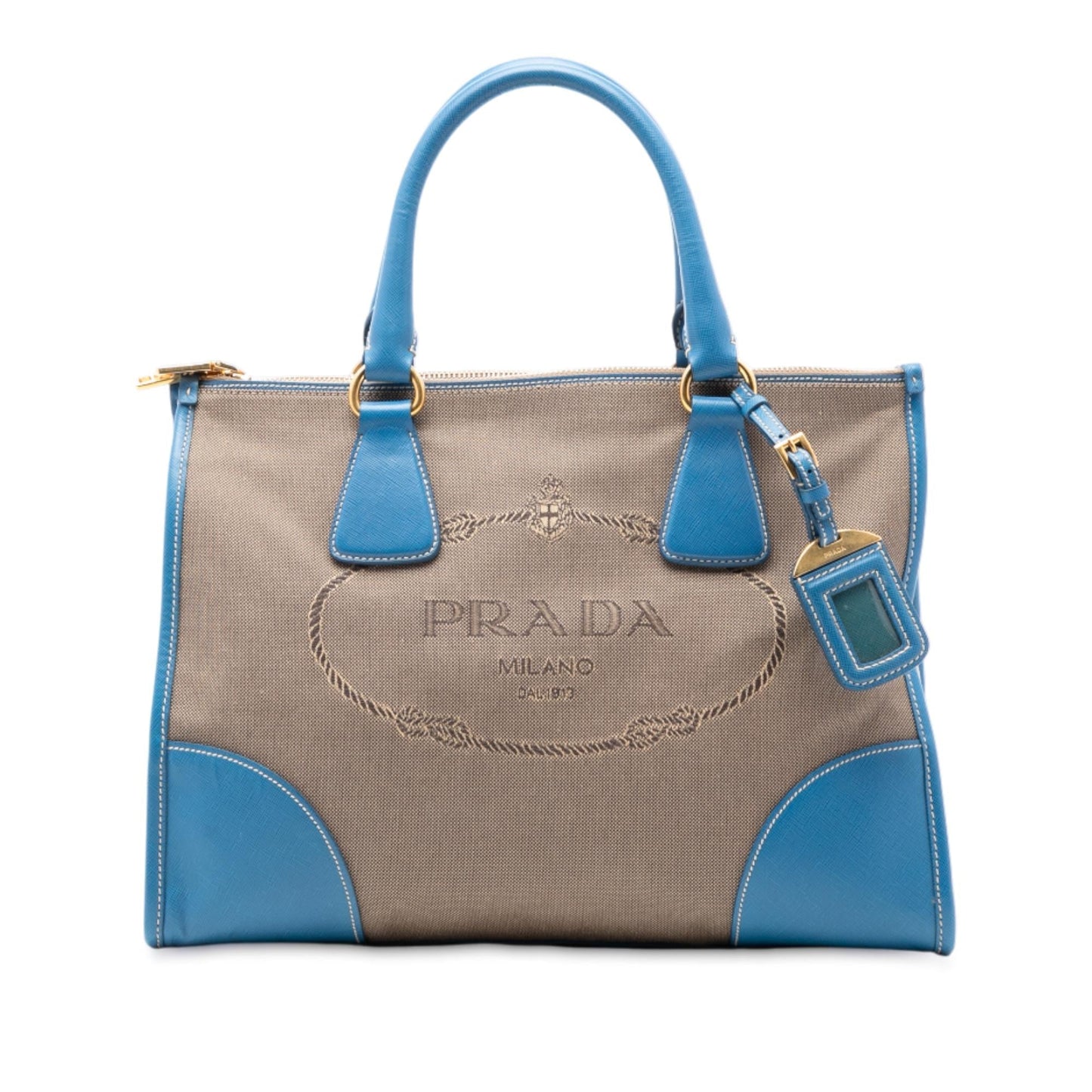 Prada Saffiano Trimmed Canvas Canapa Logo Double Zip Satchel