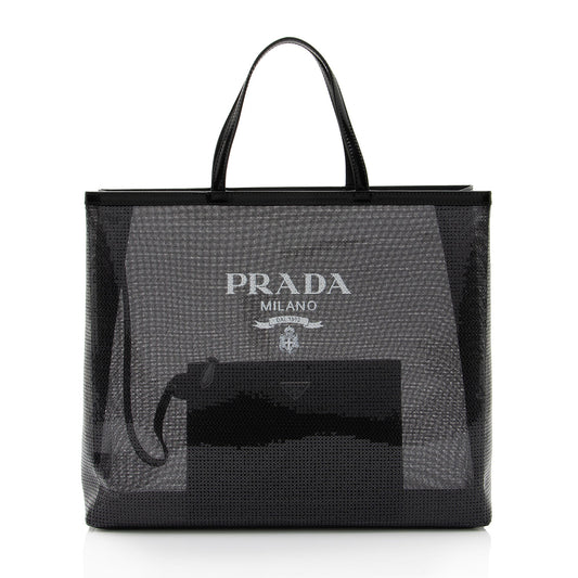 Prada Sequin Mesh Logo Large Tote