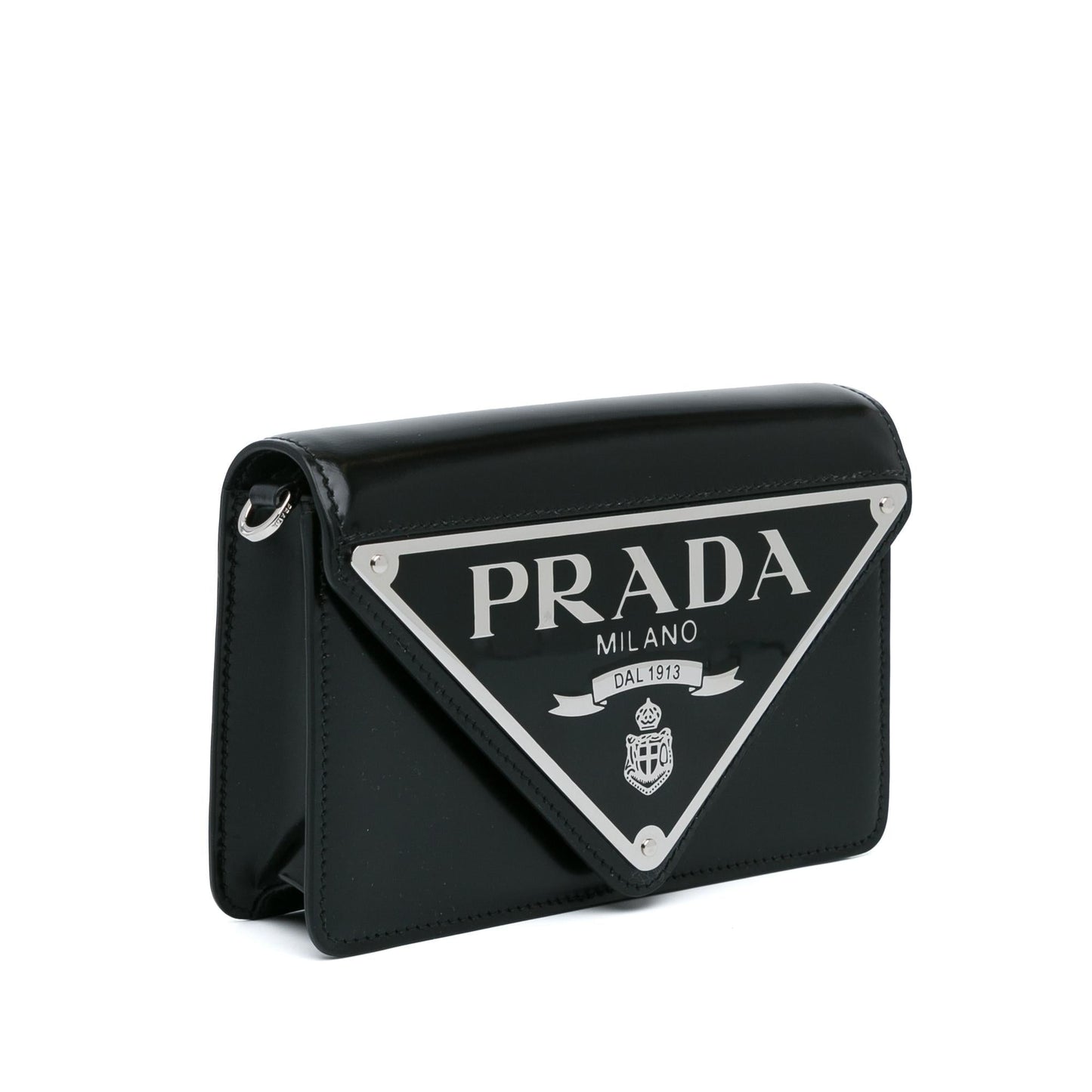 Prada Spazzolato Triangle Logo Plate Flap Chain Crossbody (SHG-hPUUzu)