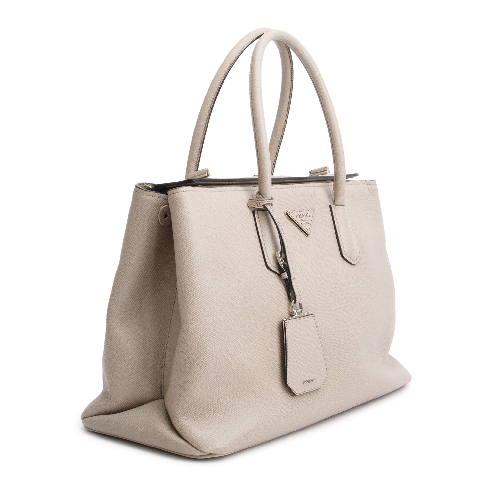 Prada Taupe Saffiano Cuir Medium Turnlock Twin Tote