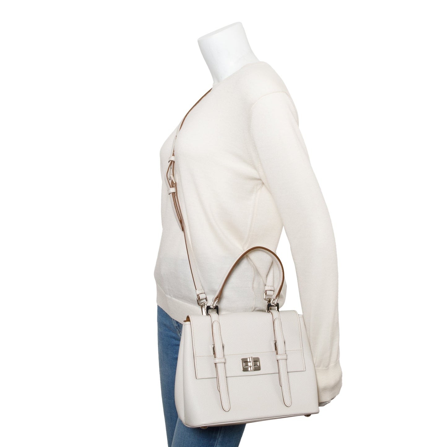 Prada White Saffiano Cuir Top Handle Bag