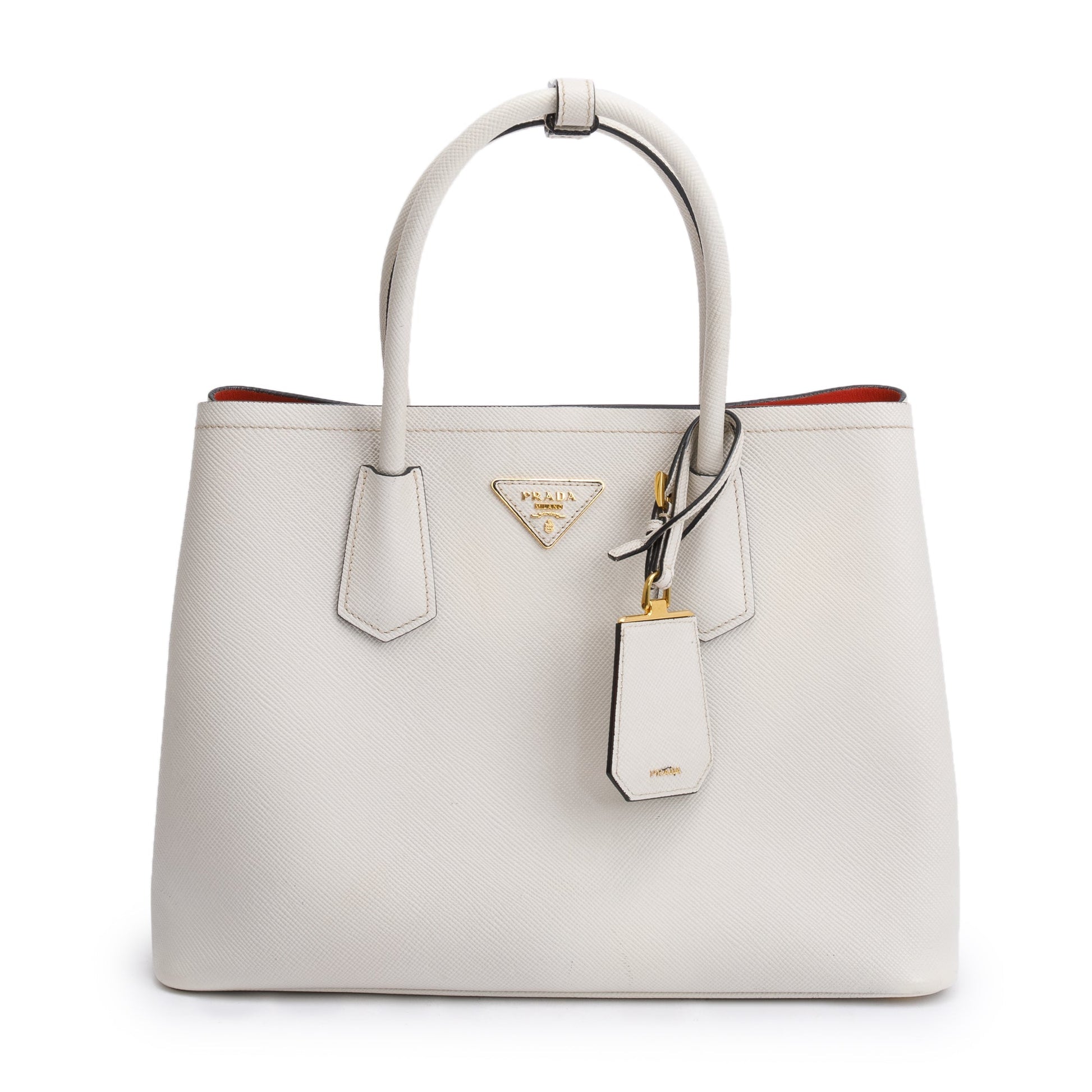 Prada White Saffiano Lux Medium Cuir Double Tote