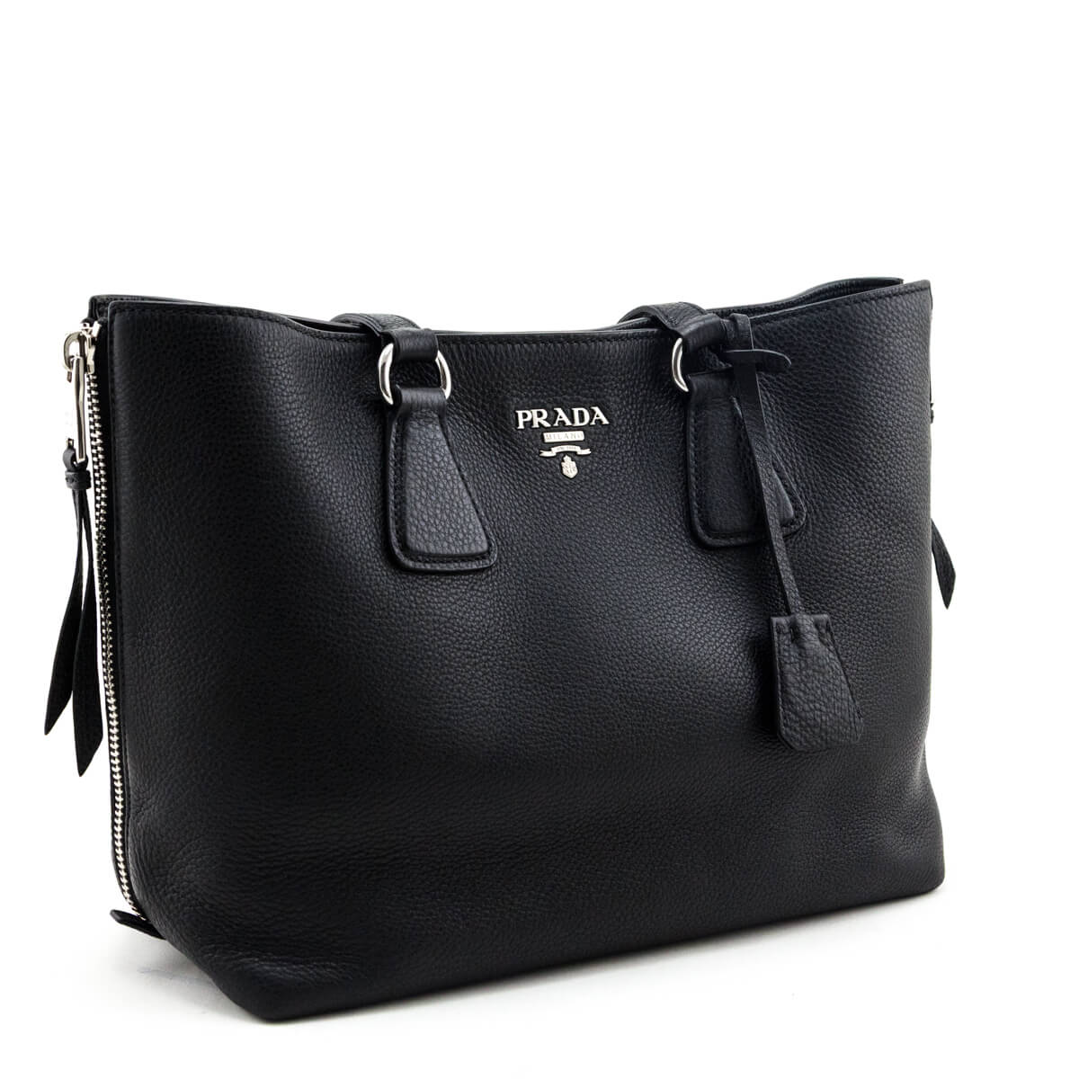 Prada Black Vitello Phenix Side Zip Shopping Tote