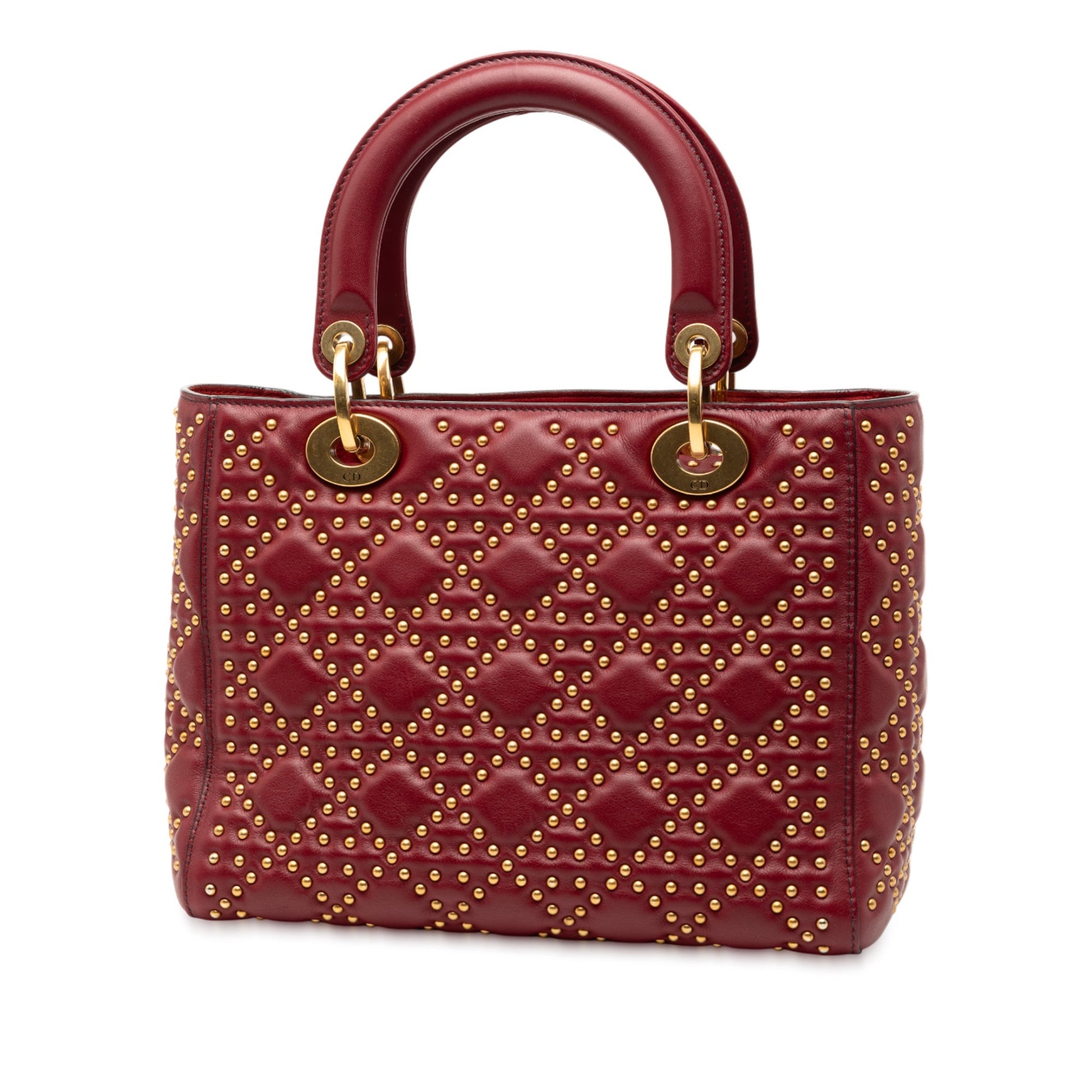 Red Dior Medium Lambskin Cannage Studded Supple Lady Dior Satchel