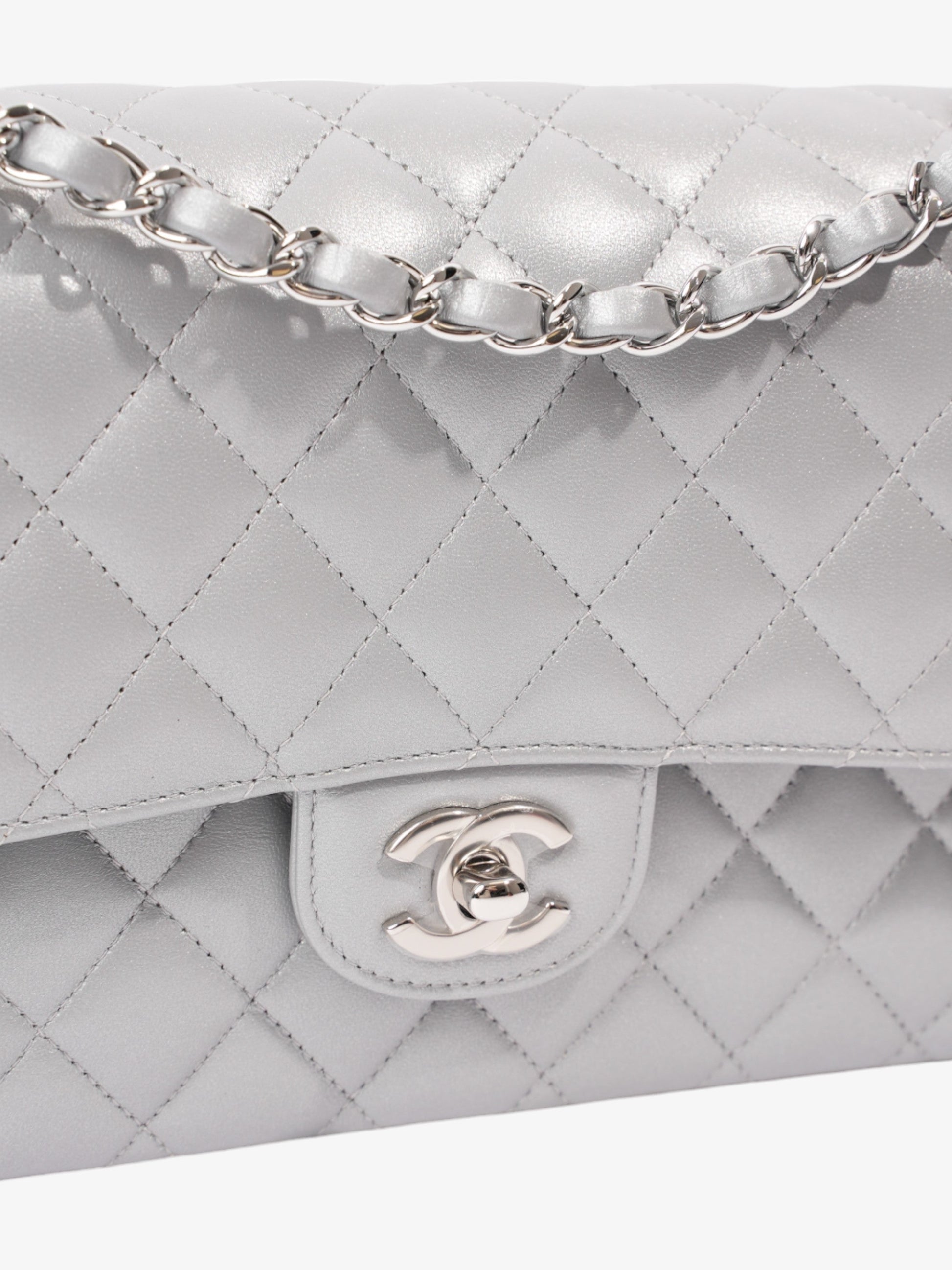 Chanel Classic Double Flap Silver Lambskin Leather Medium