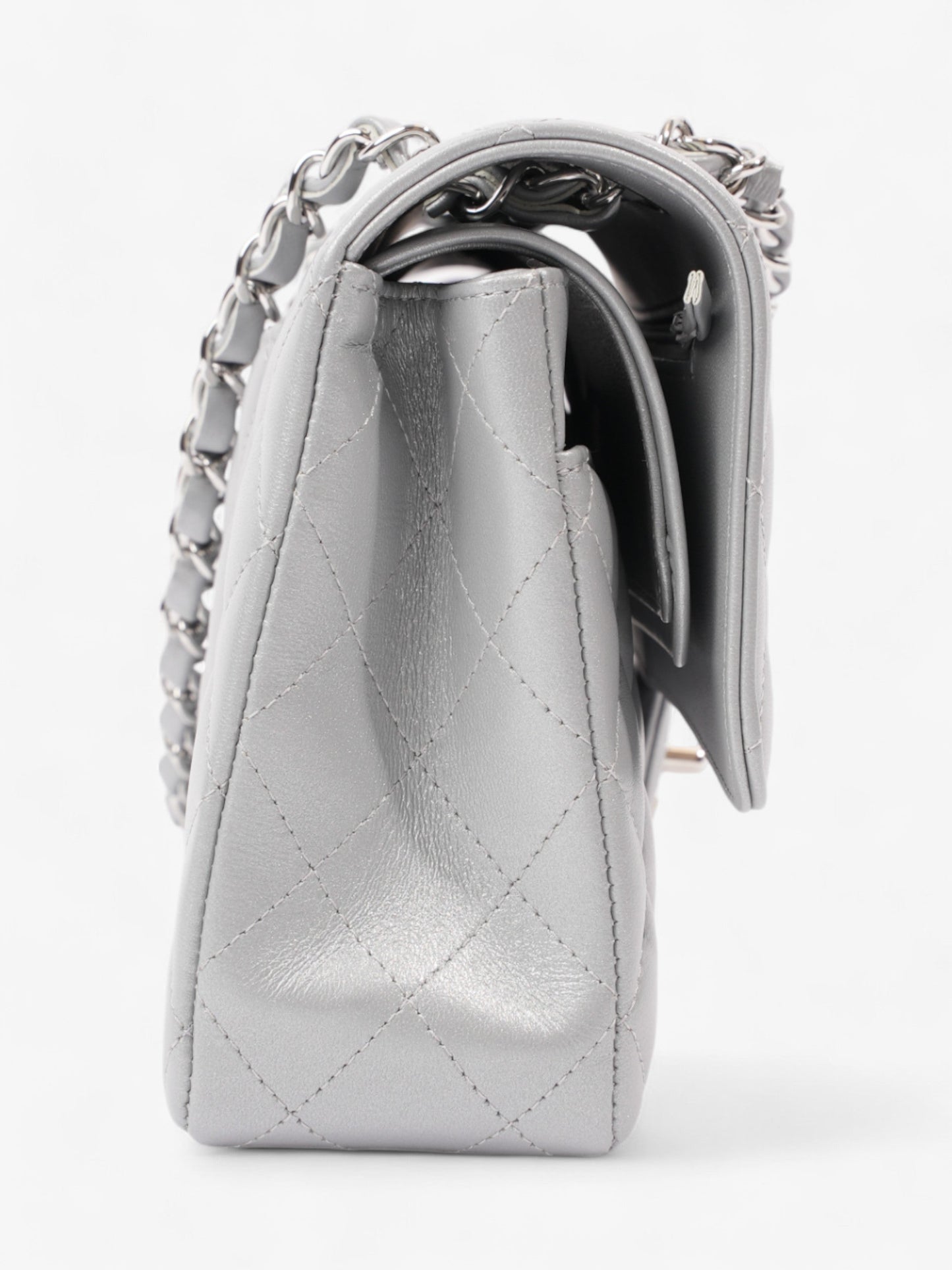 Chanel Classic Double Flap Silver Lambskin Leather Medium