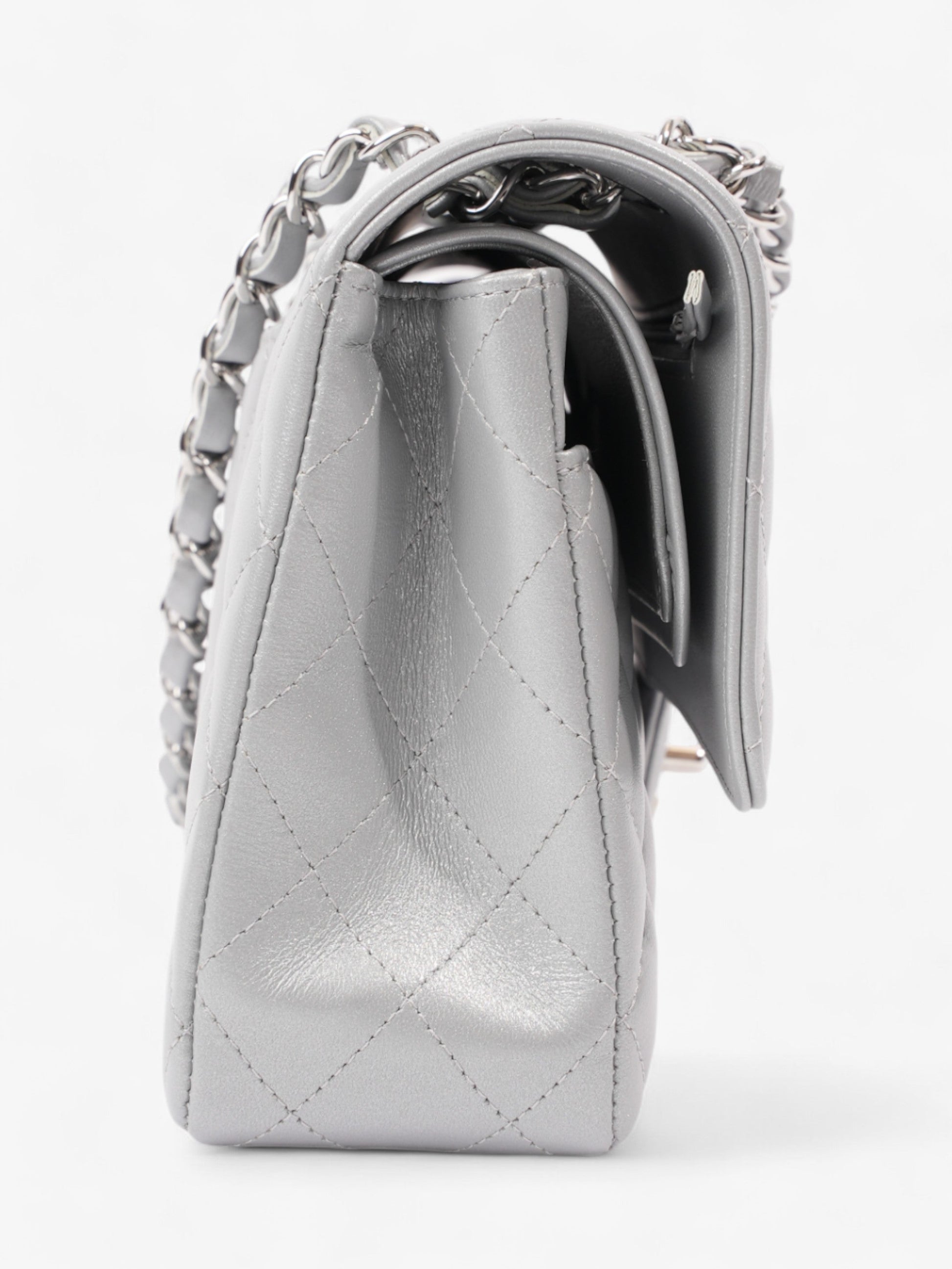 Chanel Classic Double Flap Silver Lambskin Leather Medium