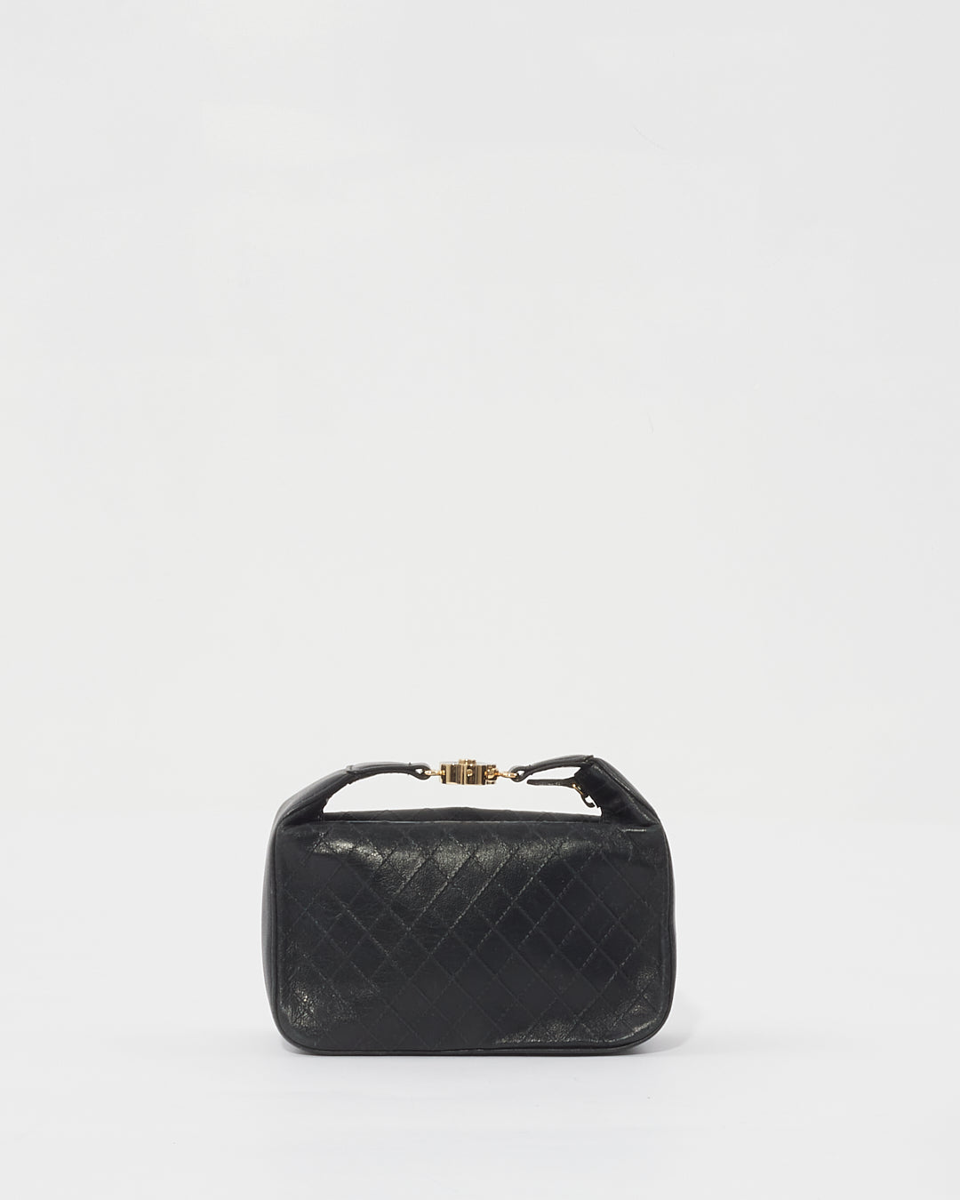 Chanel Black Quilted Leather Logo Top Handle Clutch Pochette