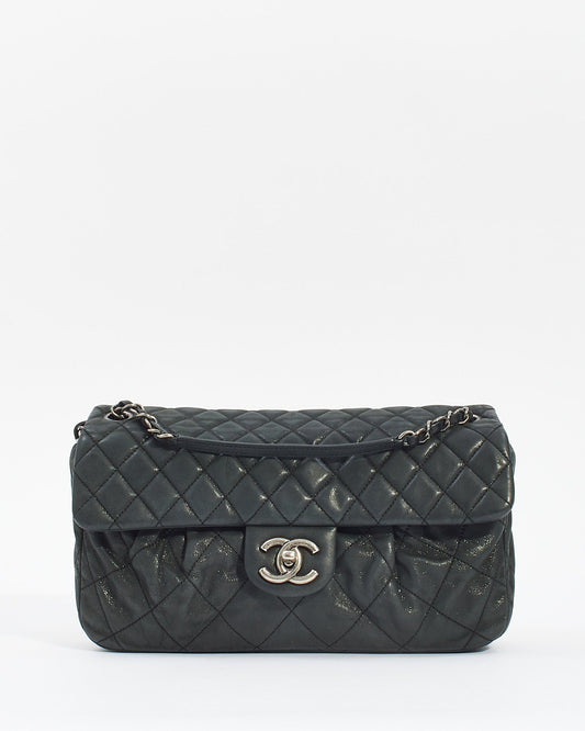 Chanel Black Quilted Iridescent Leather East West Single Flap Bag