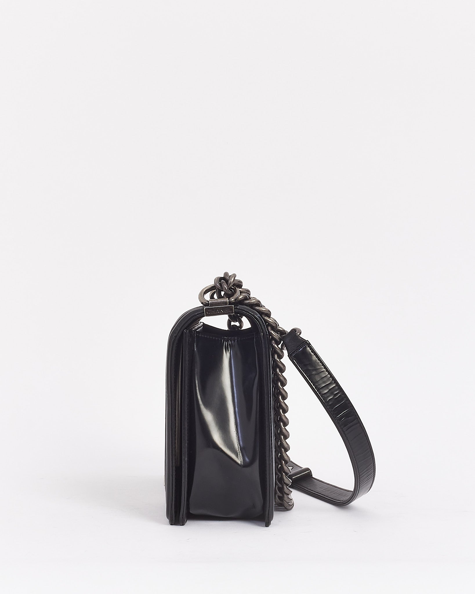 Chanel Black Smooth Glossy Leather Large Boy Bag