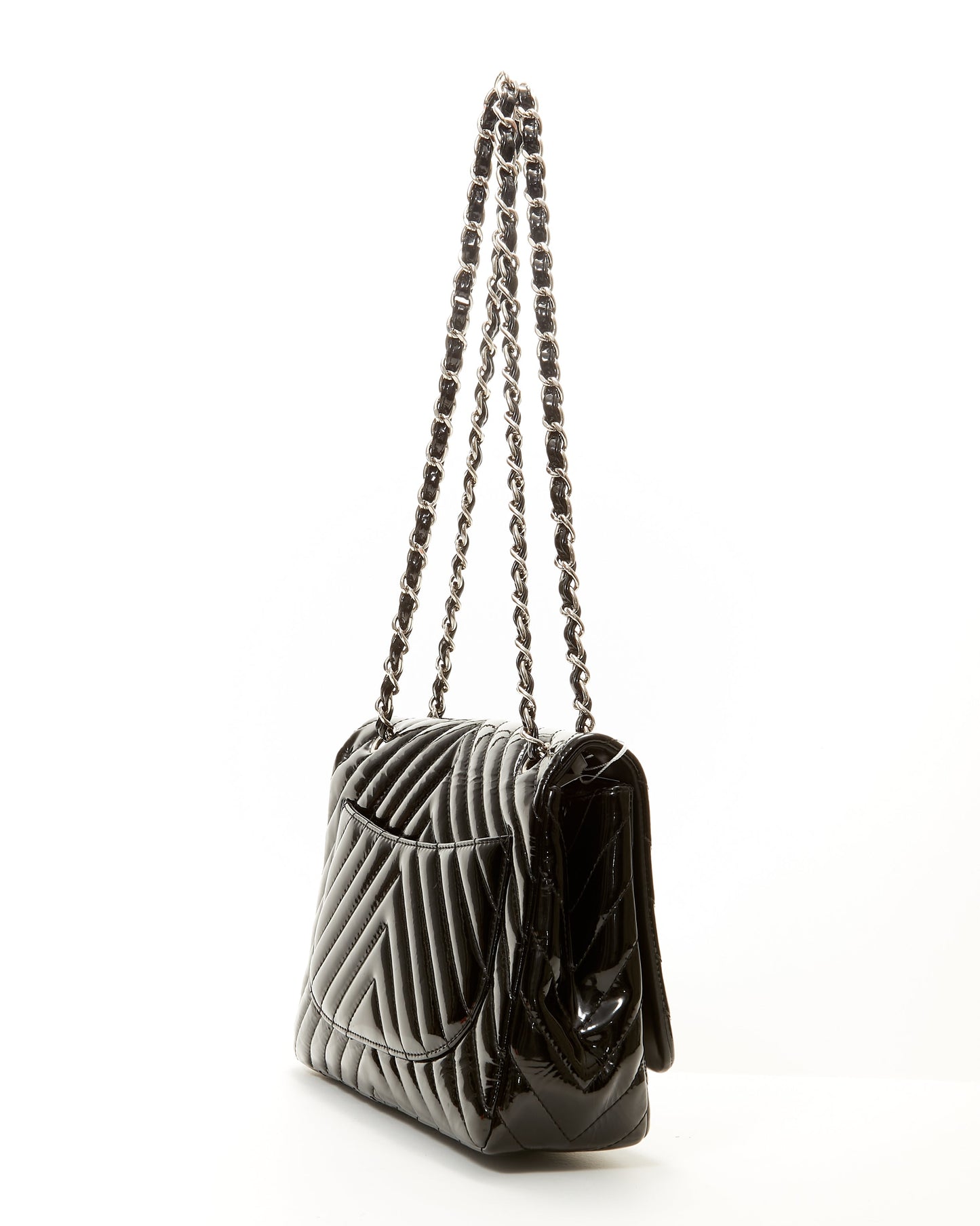 Chanel Black Patent Leather Chevron Jumbo Single Flap Bag
