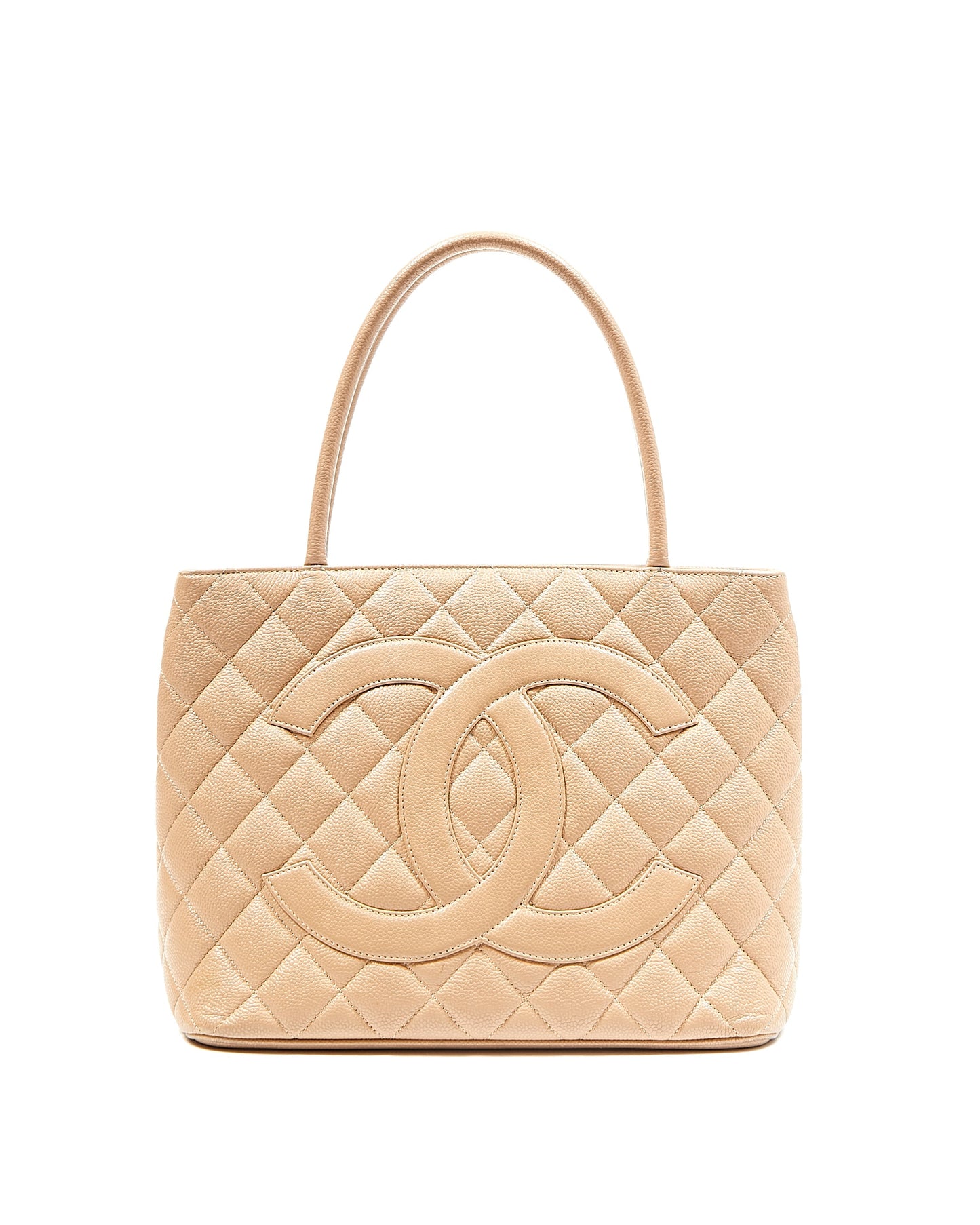 Chanel Beige Caviar CC Logo Medallion Top Handle Bag