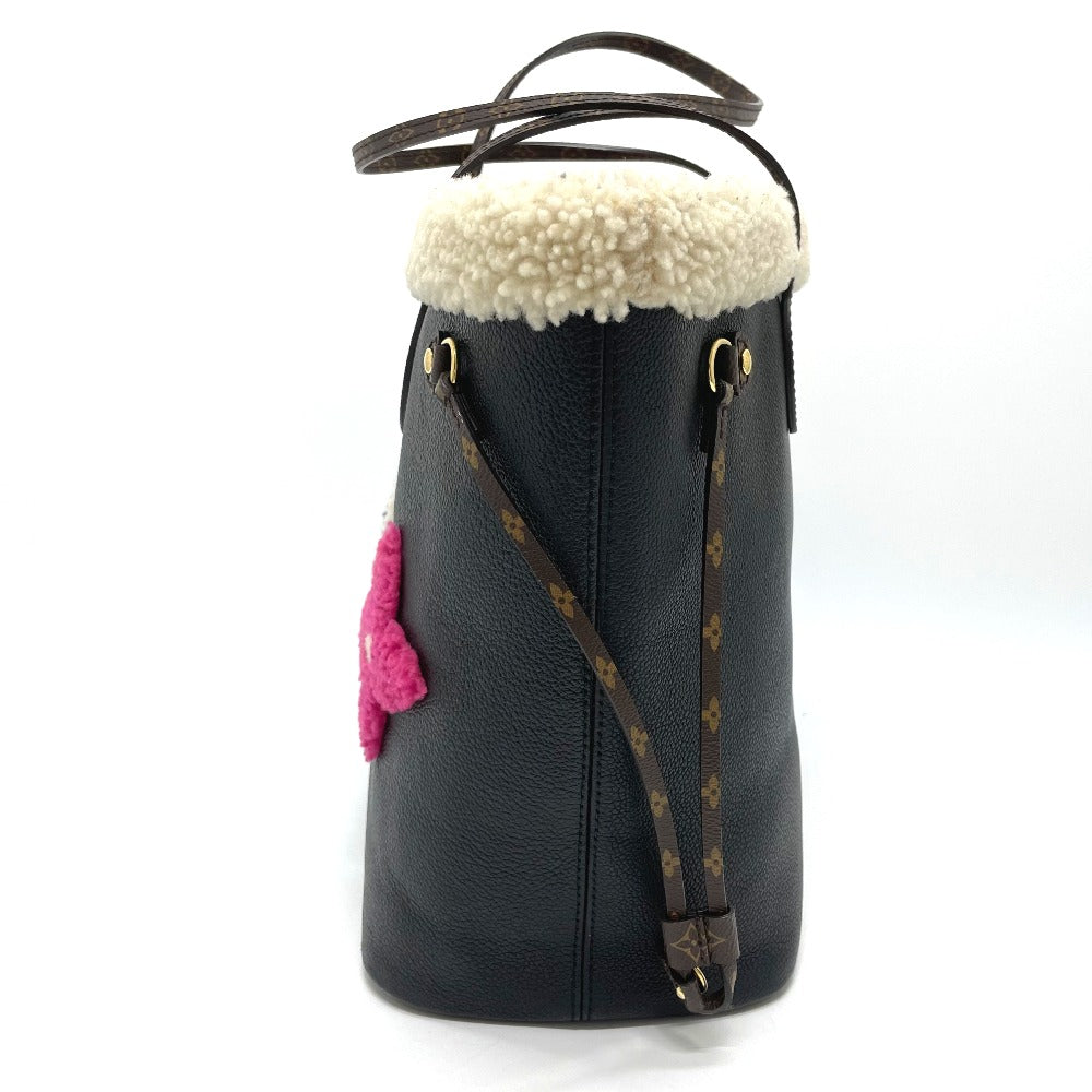LOUIS VUITTON Tote Bag Calf leather black Shearling Monogram Flower LV Initials Neverfull MM
