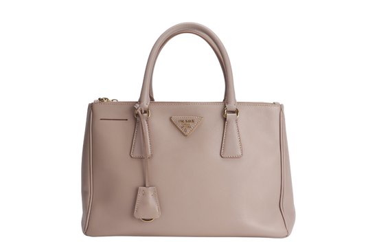 PRADA SMALL GALLERIA 2WAY TOTE BAG BEIGE SAFFIANO LEATHER GOLD HARDWARE WITH DUST COVER, NO CARD