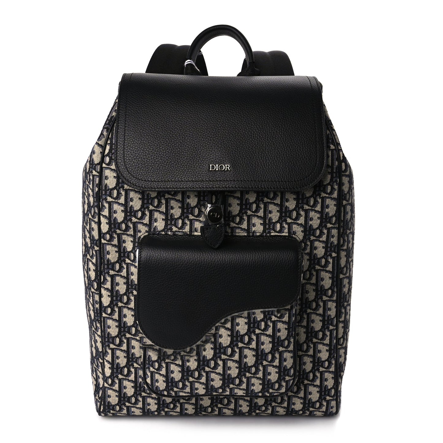 Christian Dior Oblique Jacquard Grained Calfskin Drawstring Saddle Backpack Beige Black