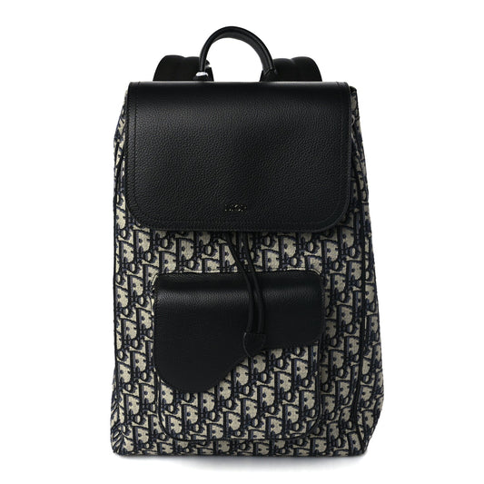 Christian Dior Oblique Jacquard Grained Calfskin Drawstring Saddle Backpack Beige Black Oblique Monogram