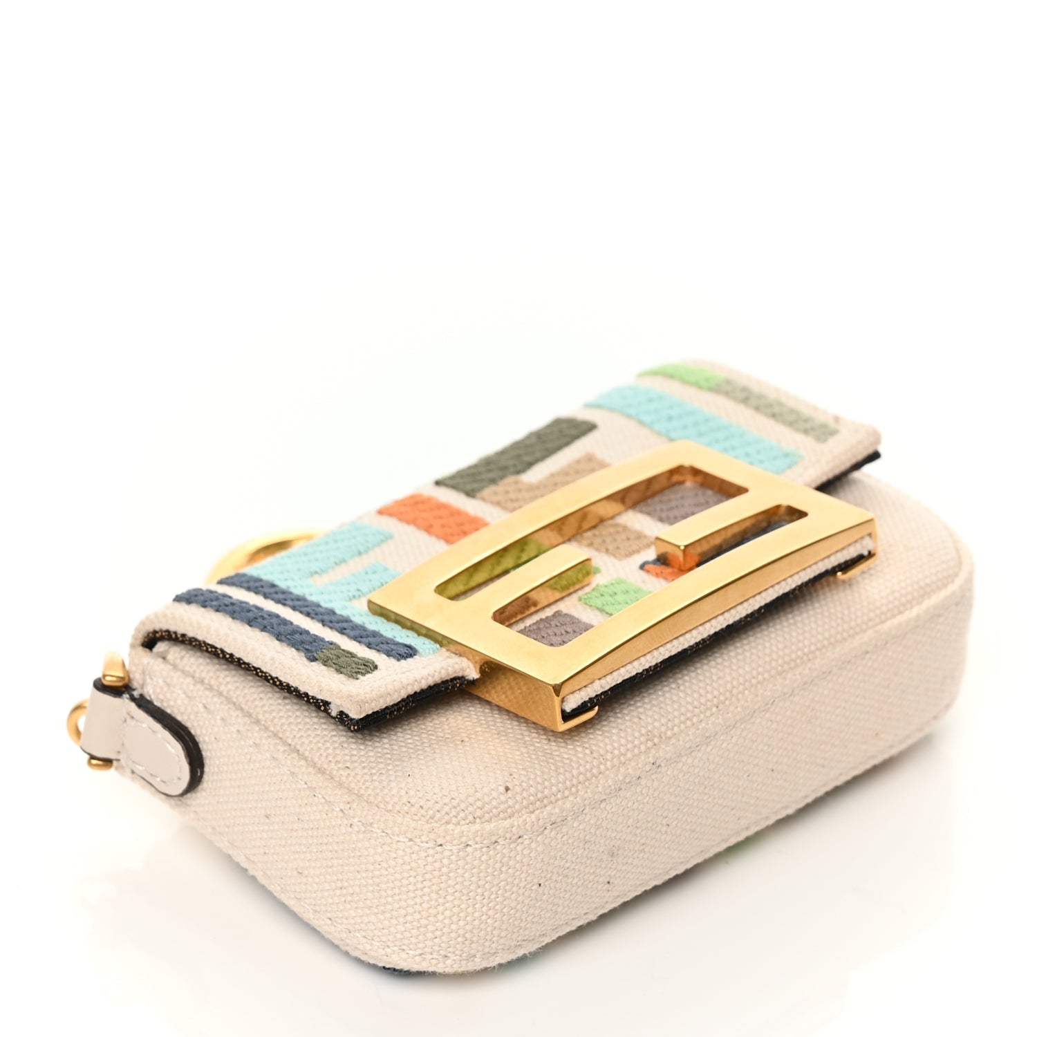 Fendi Canvas Nappa FF Multicolor Embroidered Nano Maxi Buckle Baguette Charm Grezzo Multicolor Latte