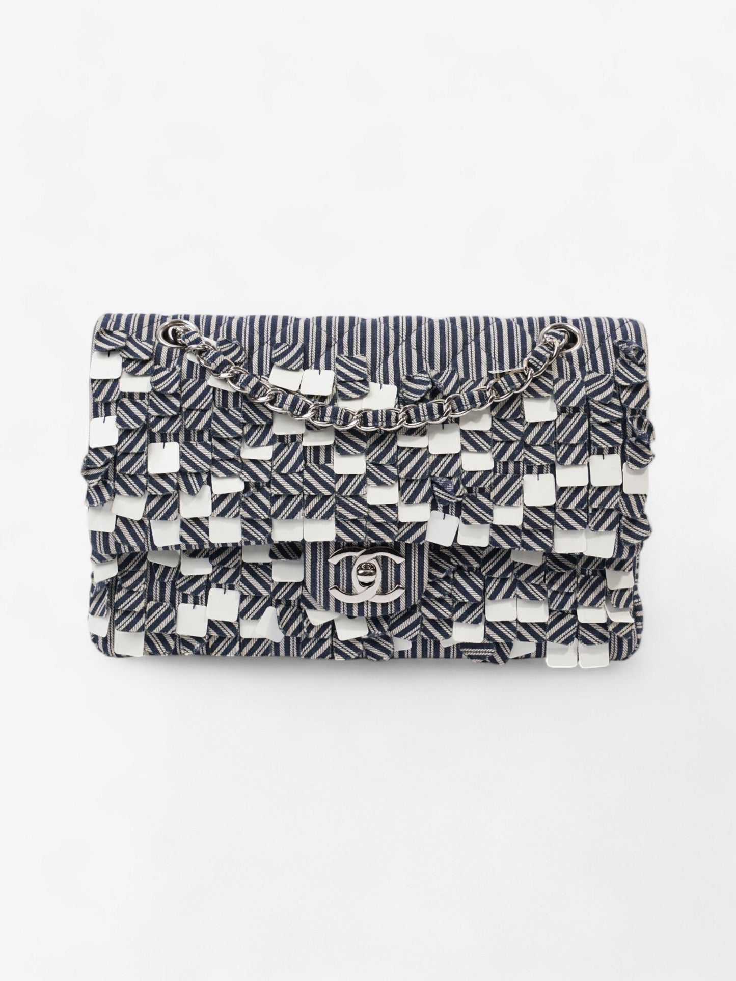 Chanel Classic Double Flap Navy Blue / White Cotton Medium