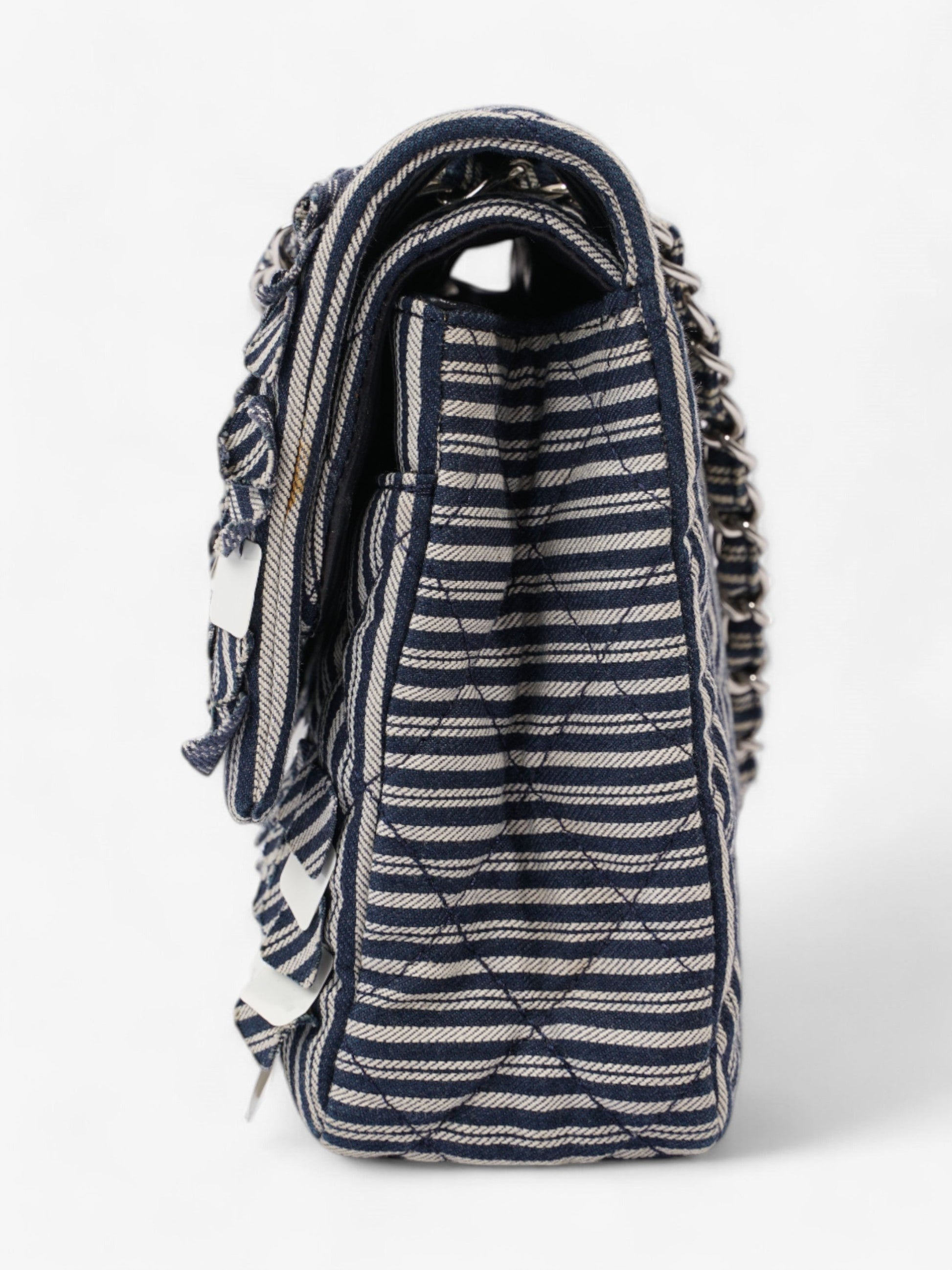 Chanel Classic Double Flap Navy Blue / White Cotton Medium