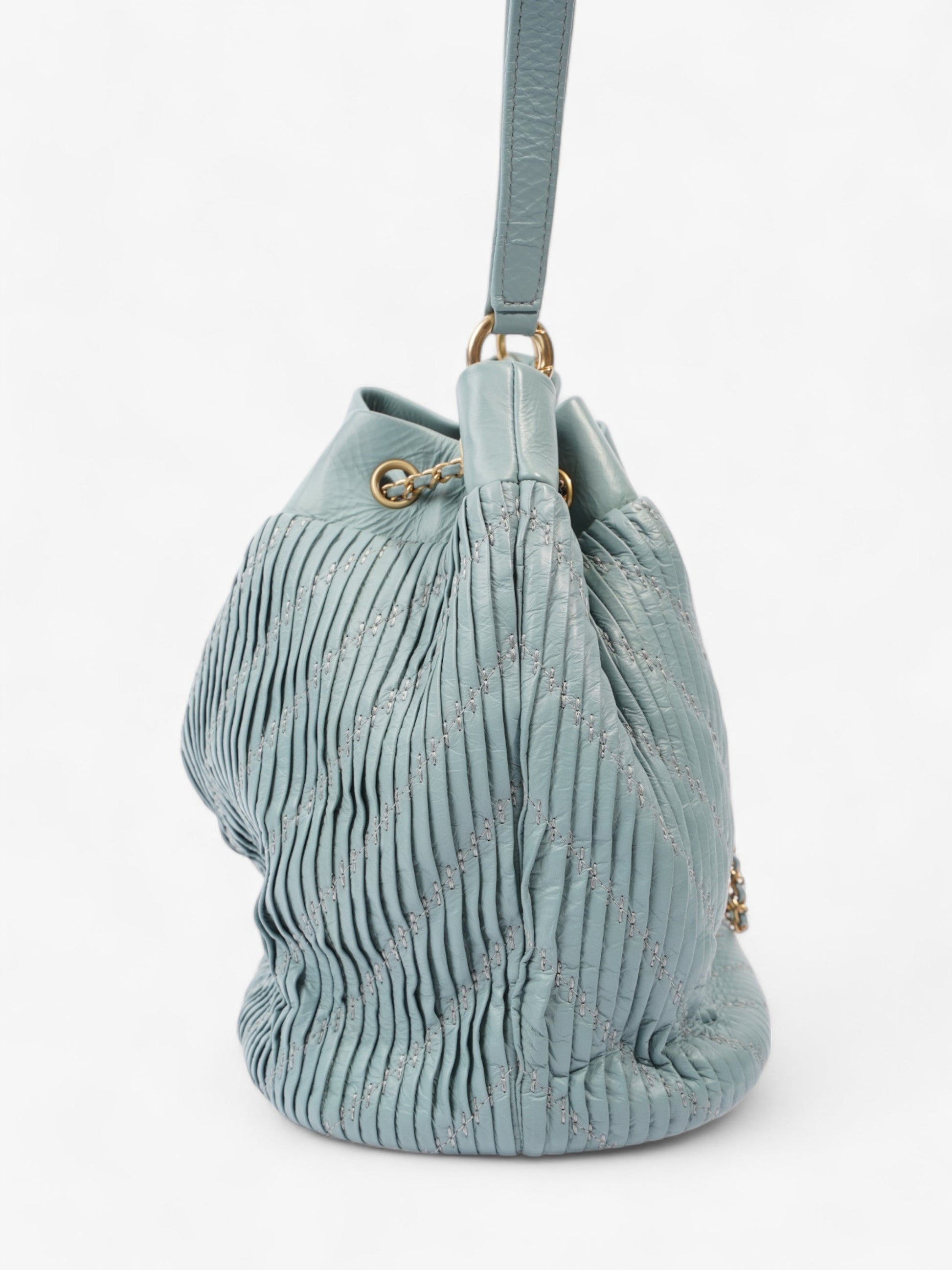 Chanel Pleated Drawstring Light Blue Leather