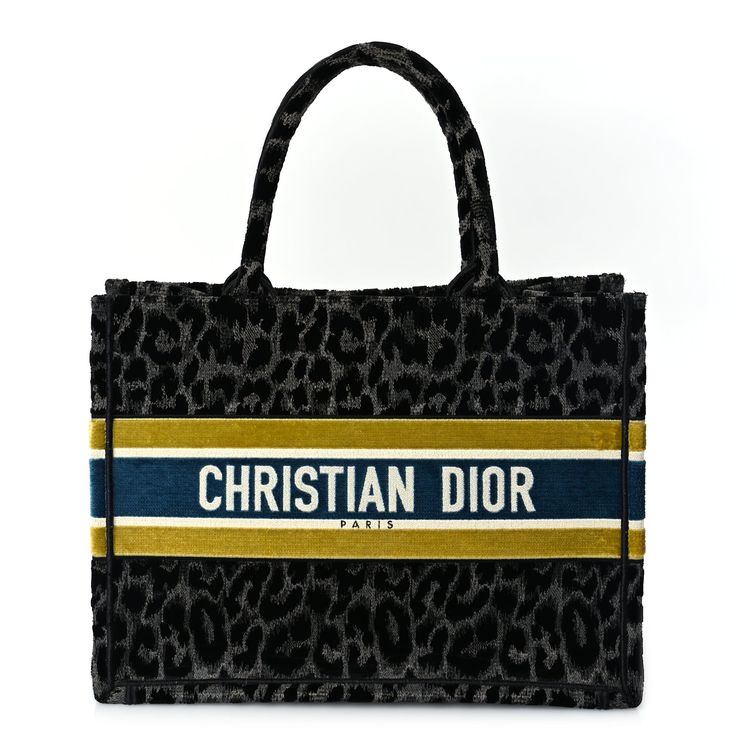 Christian Dior Velvet Mizza Embroidered Medium Leopard Book Tote Black Yellow Blue