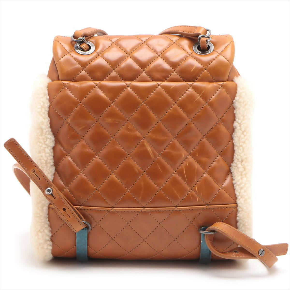 Chanel Camel Brown Lambskin Leather and Beige Shearling Diamond Quilting Backpack
